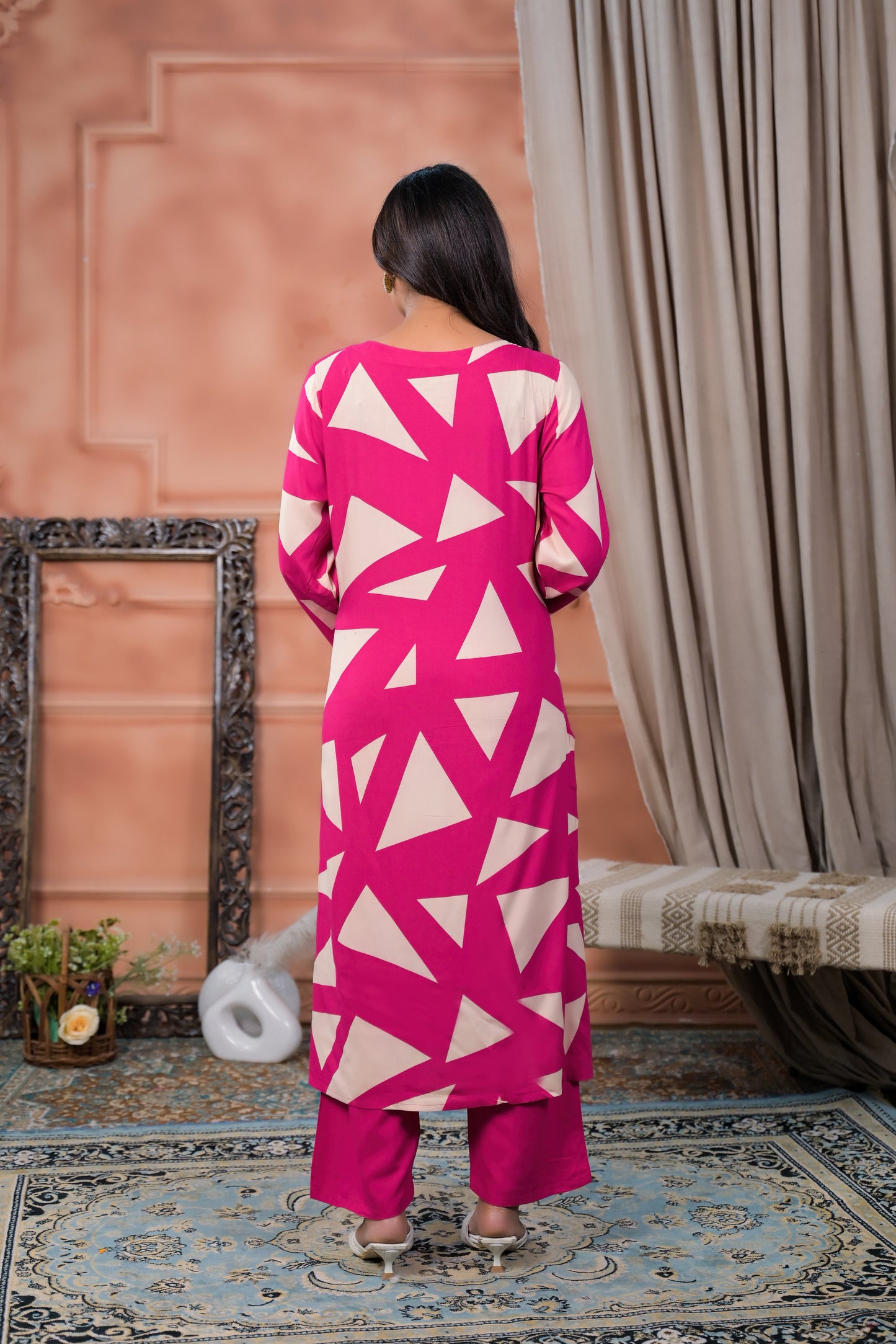 Pink Fuchsia Geometric Printed Two-Piece Kurta Set