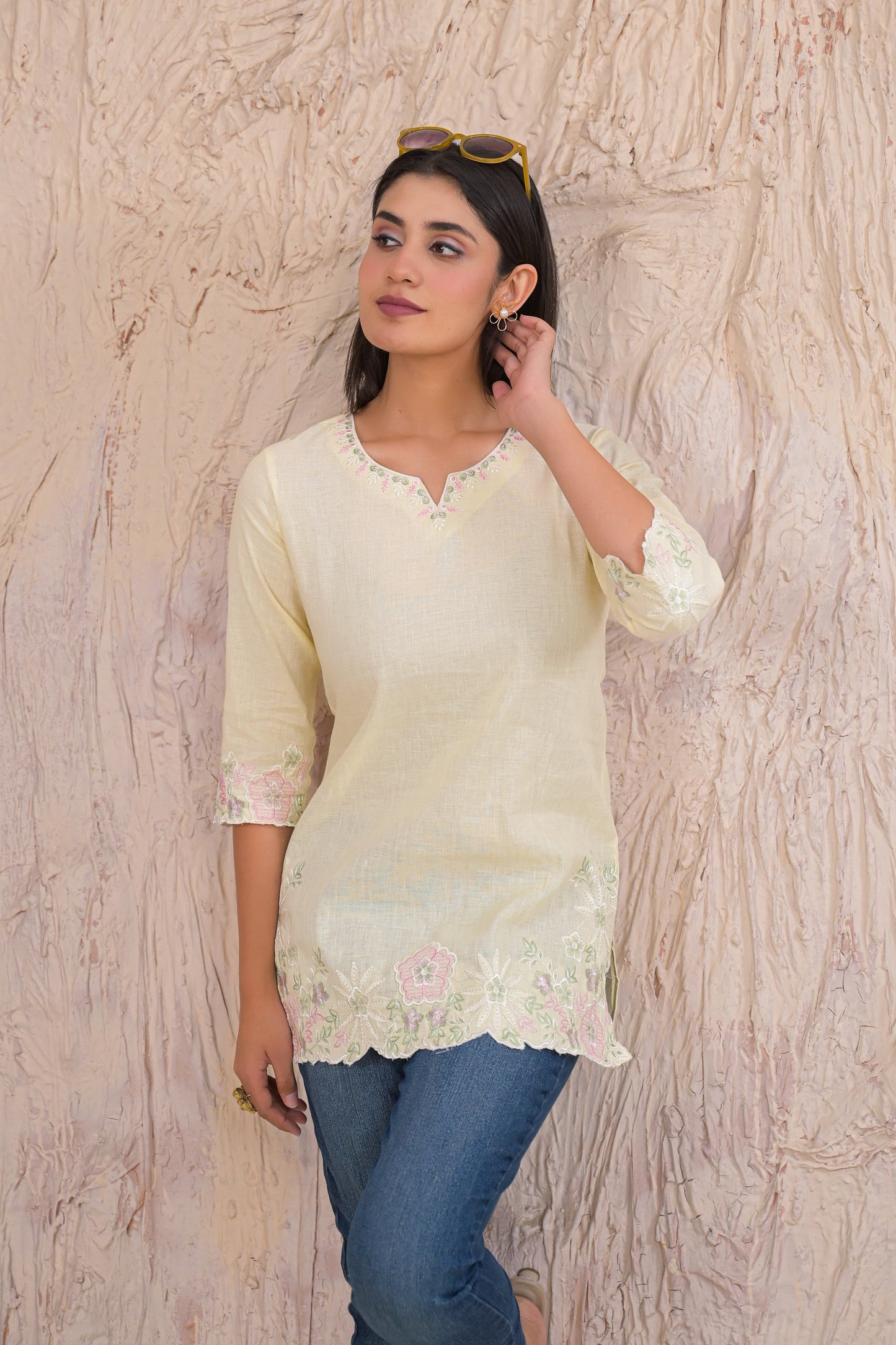 Elegant Lemon Cream Embroidered Short Kurti