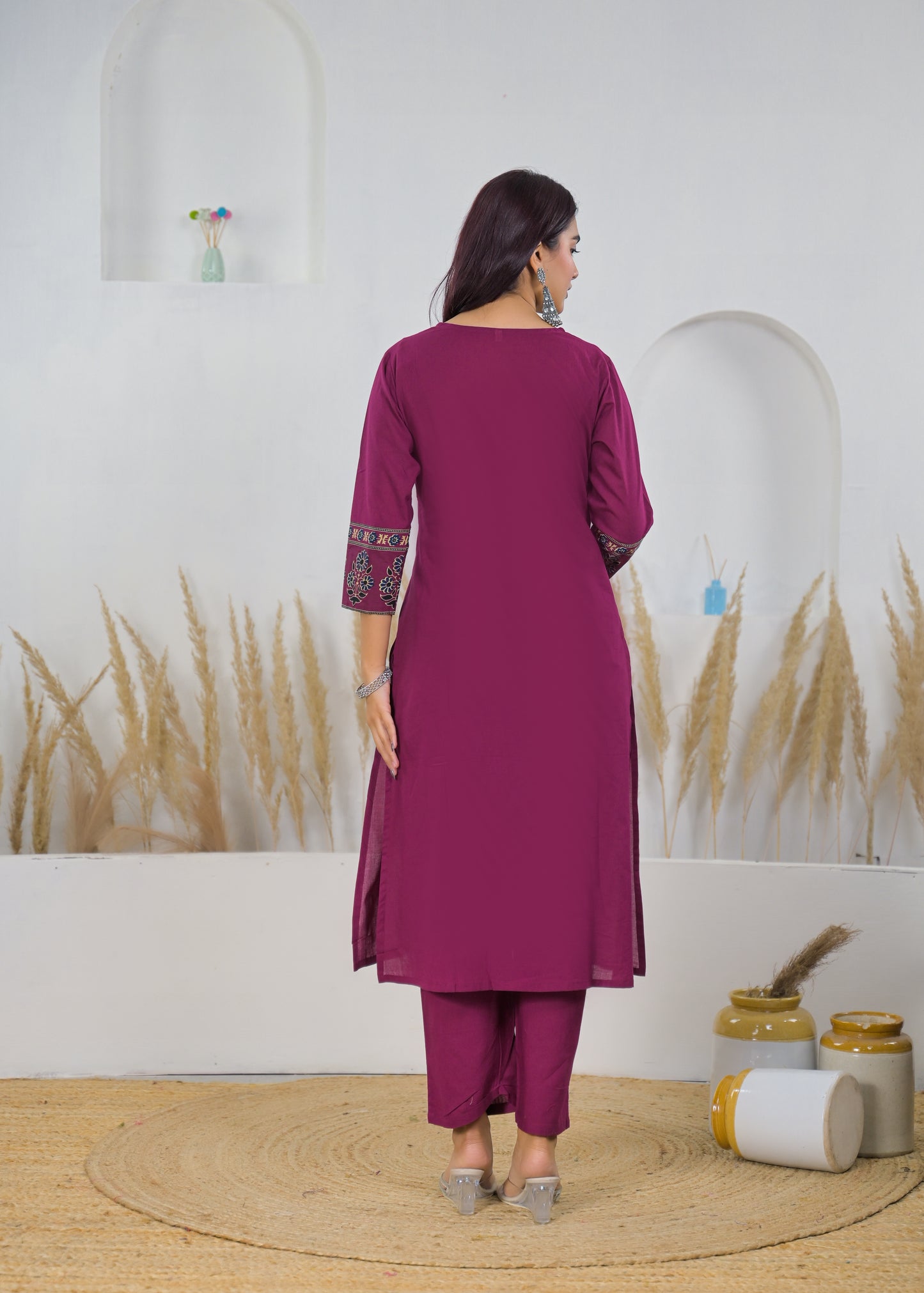 Maroon Graceful Printed Cotton Salwar Suit Set (Kurta, Pant & Dupatta)