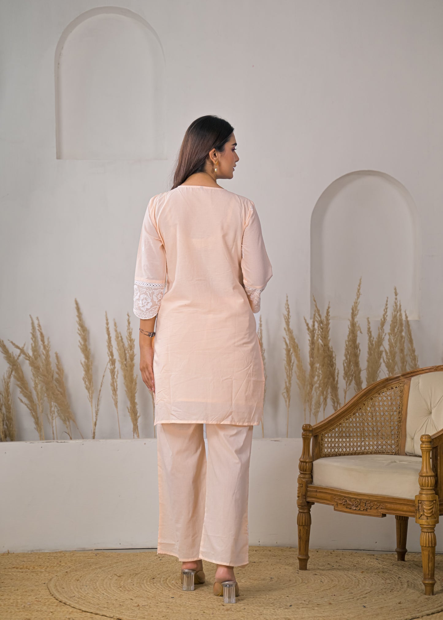 Women's Light Pink Embroidered V-Neck Straight Short Kurti with Palazzo Set