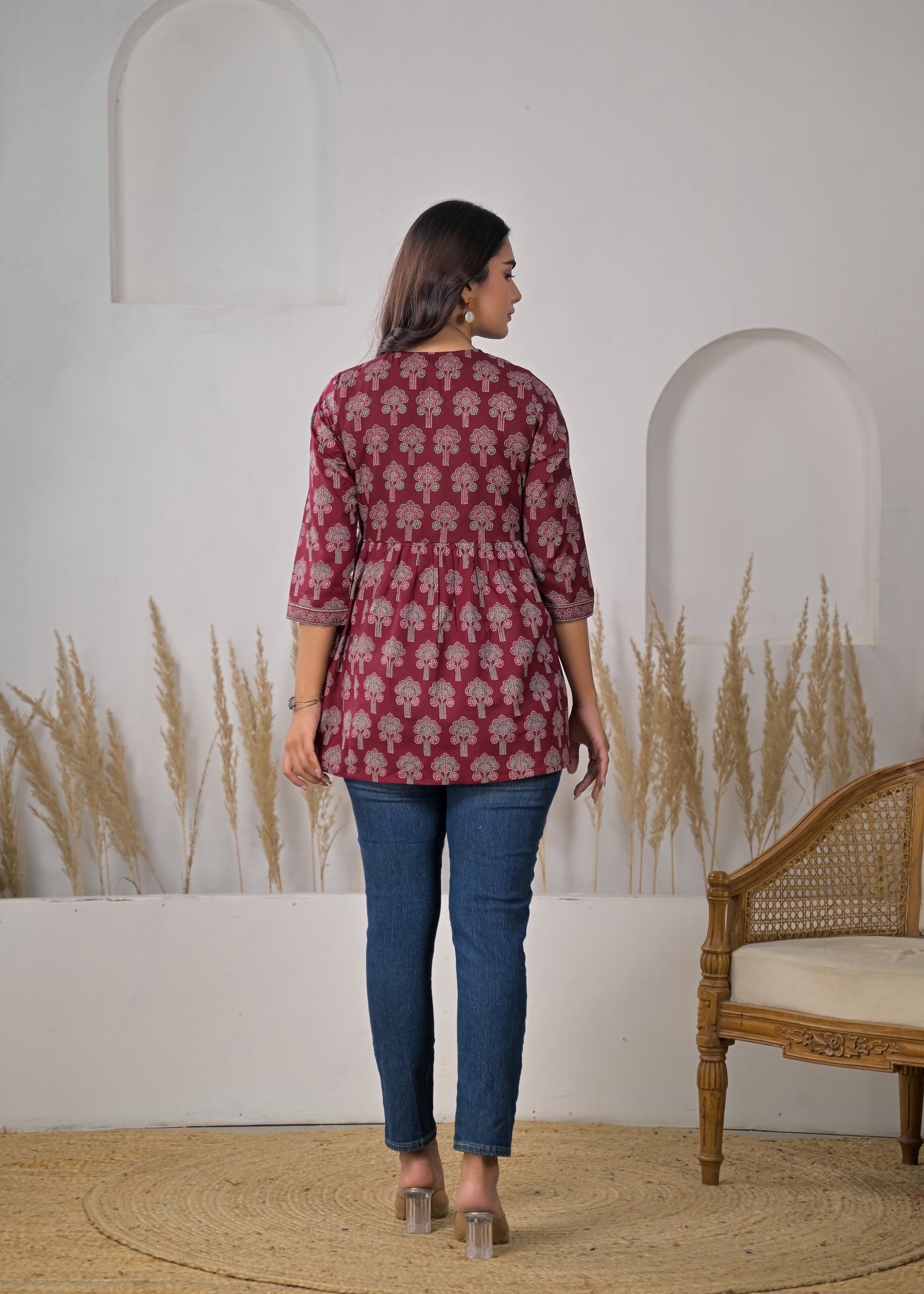 Women's Maroon Floral Print Wrap Style Short Kurti