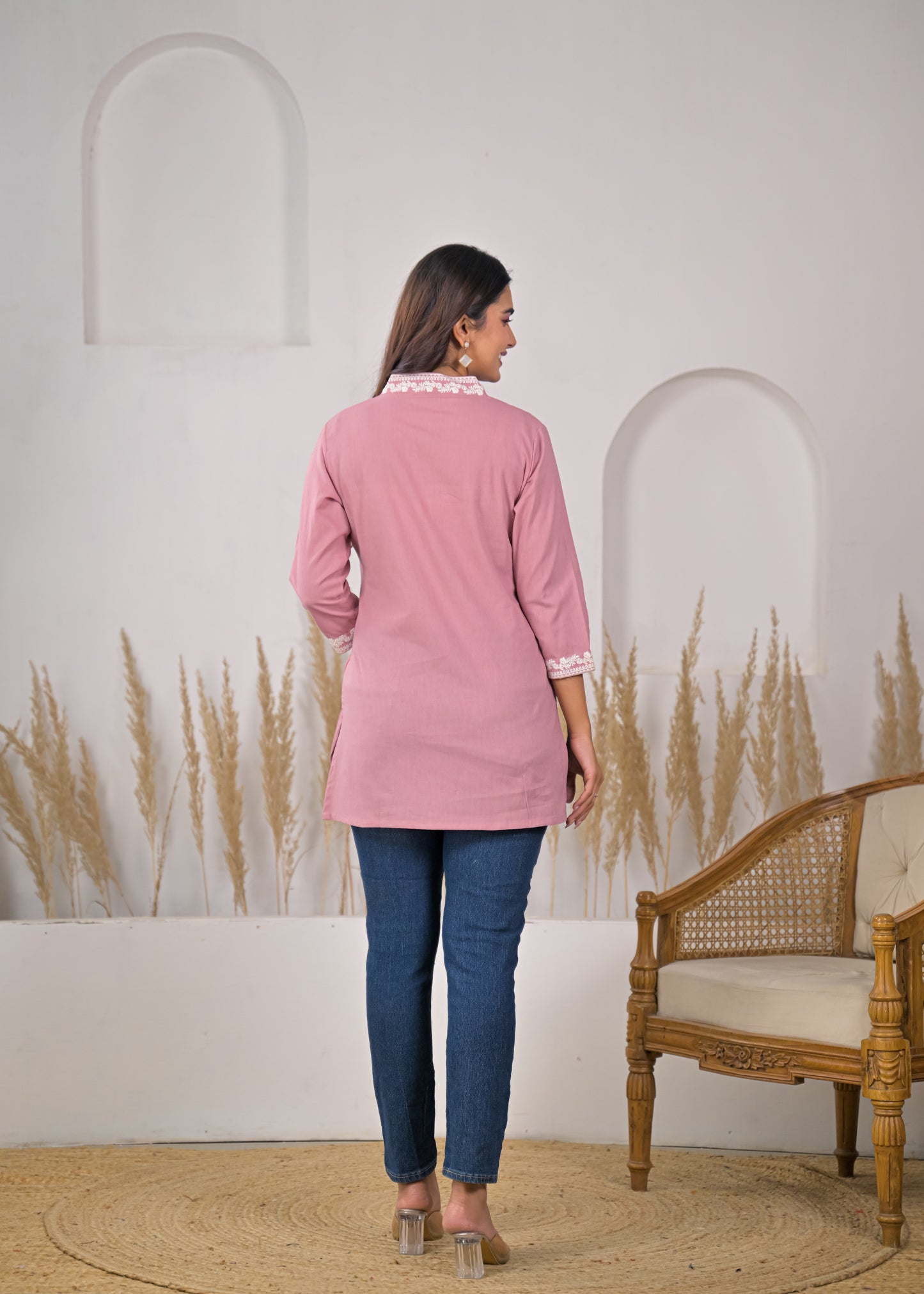 Women's Blush Pink Embroidered V-Neck Short Kurti