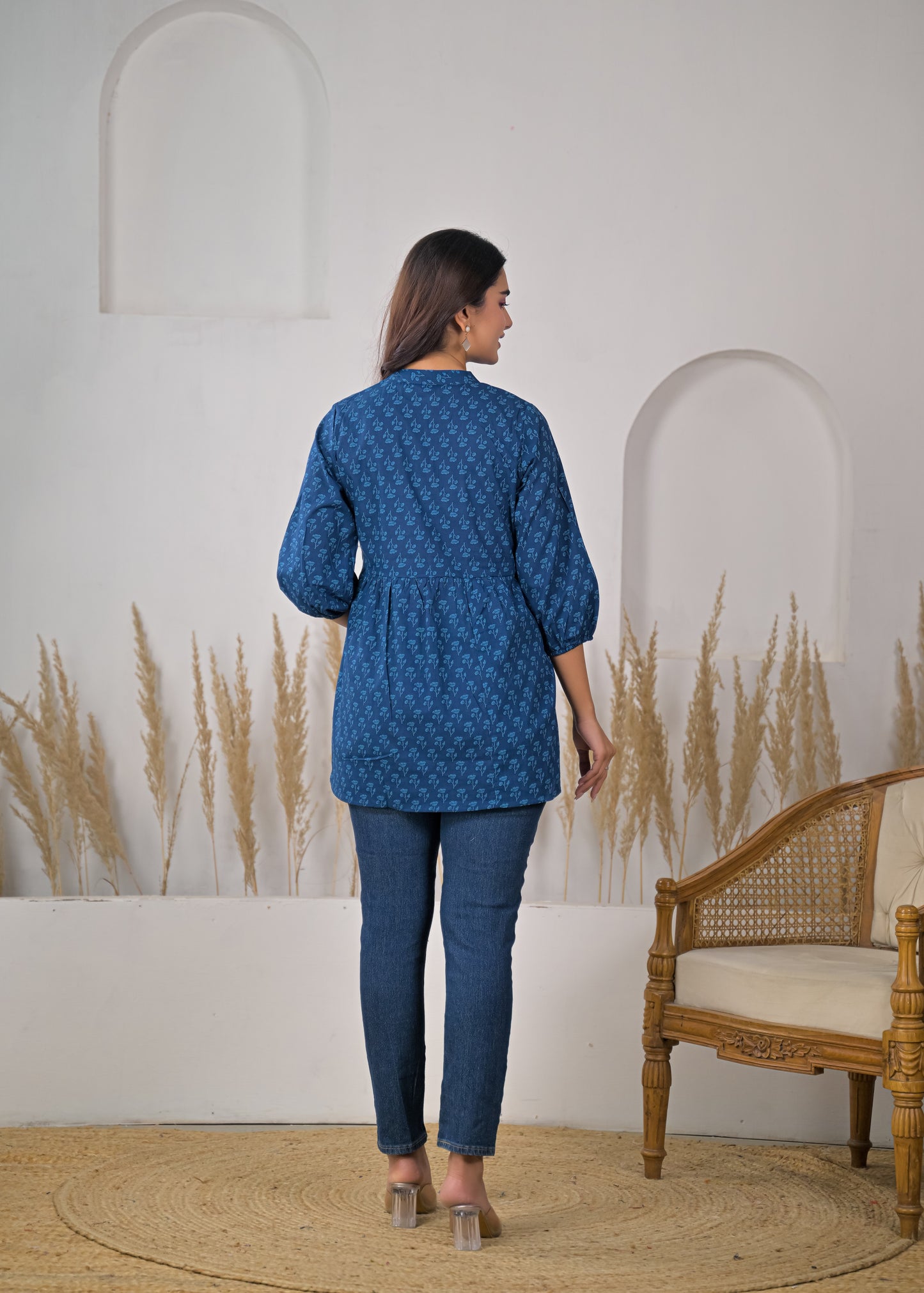 Women's Blue Floral Print Empire Waist Short Kurti