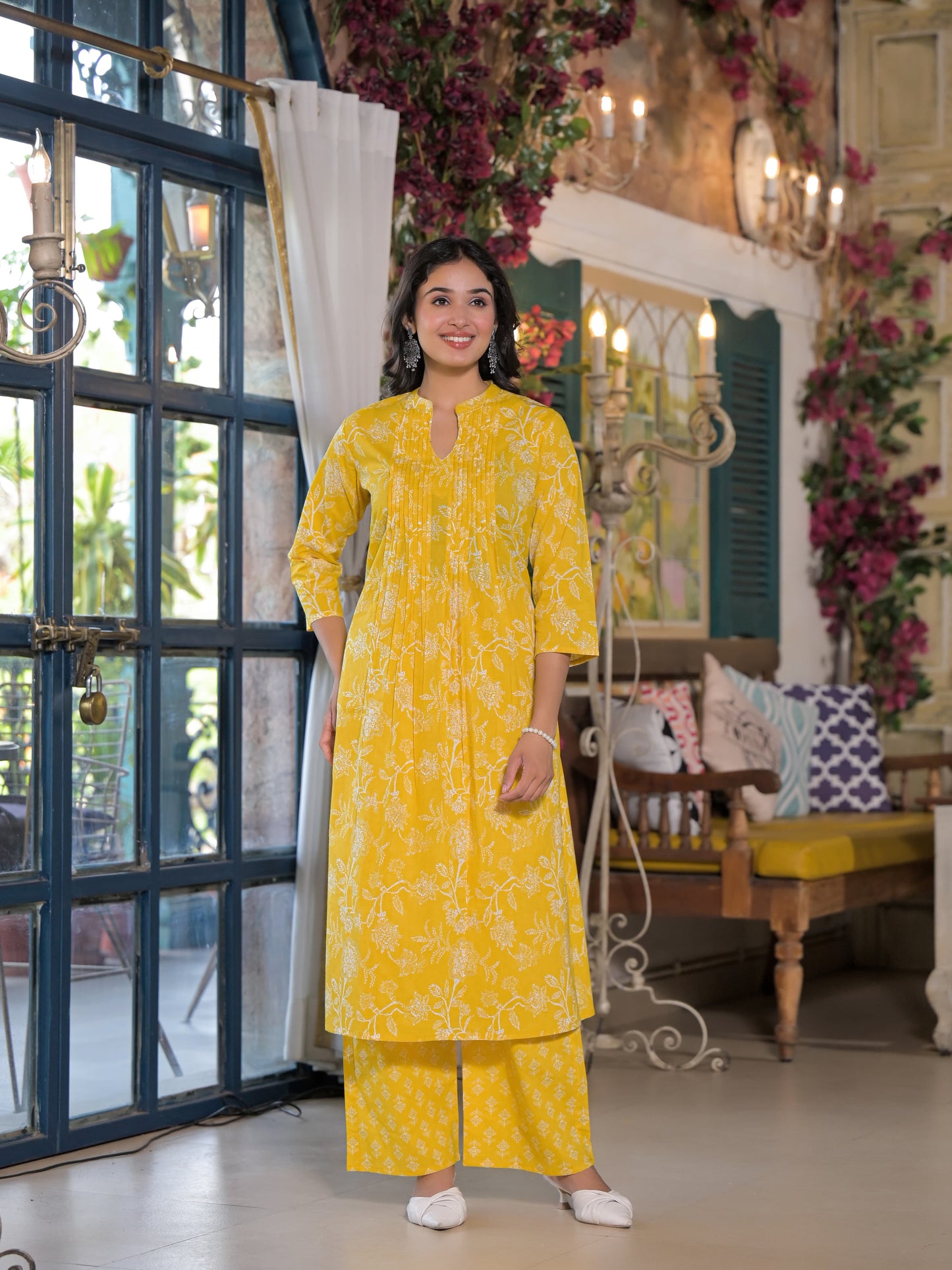 Pleated Yoke Yellow Floral Kurta Set