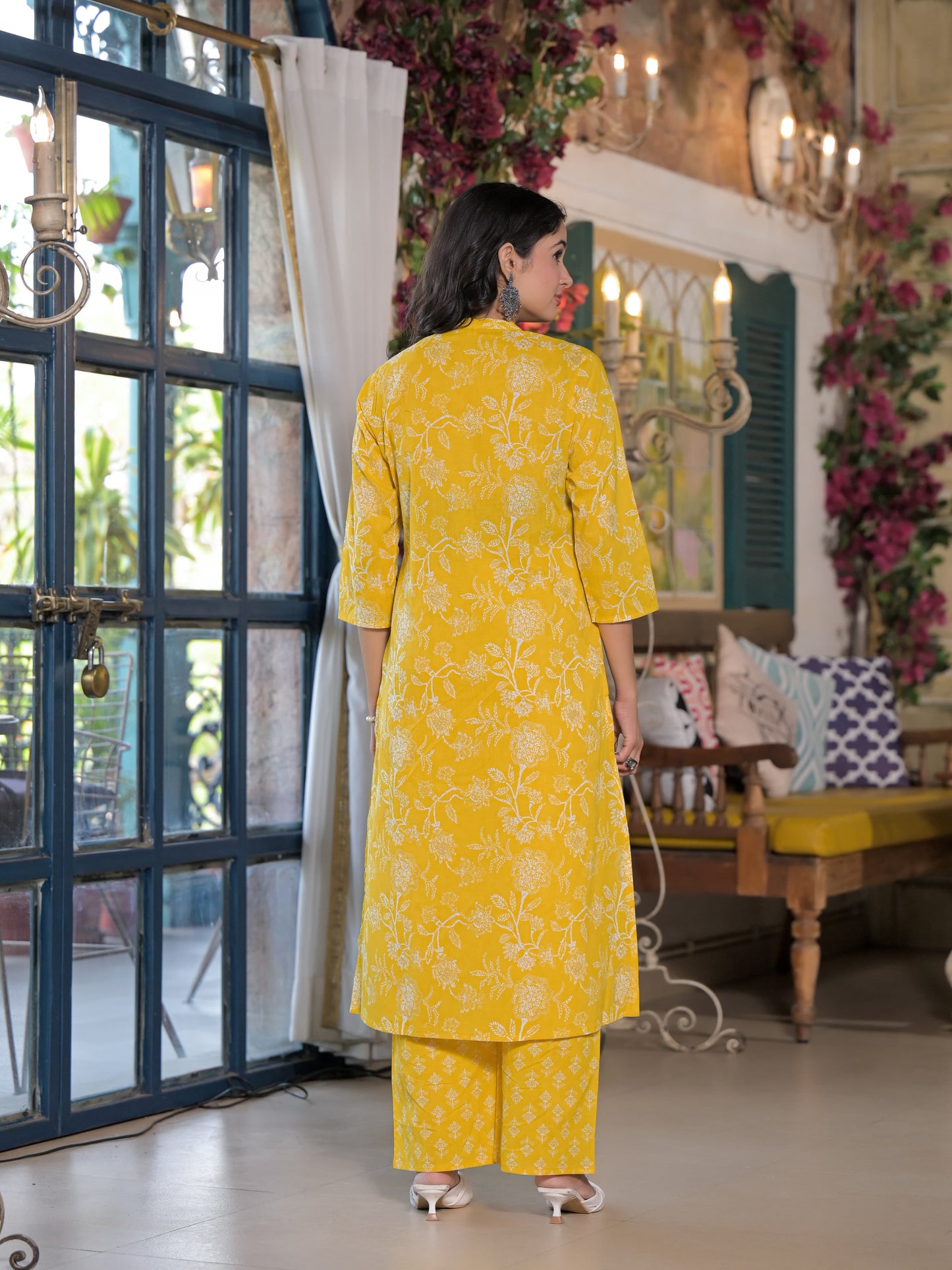 Pleated Yoke Yellow Floral Kurta Set