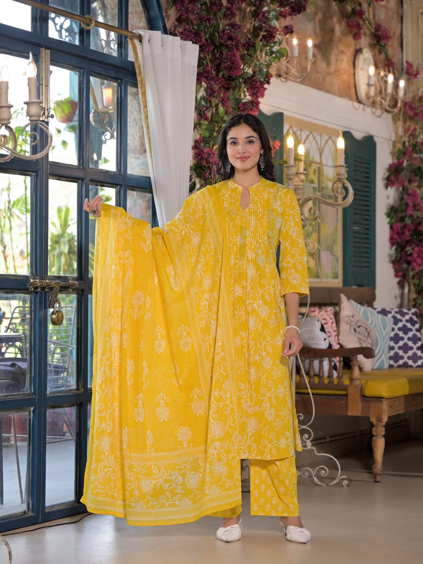 Pleated Yoke Yellow Floral Kurta Set