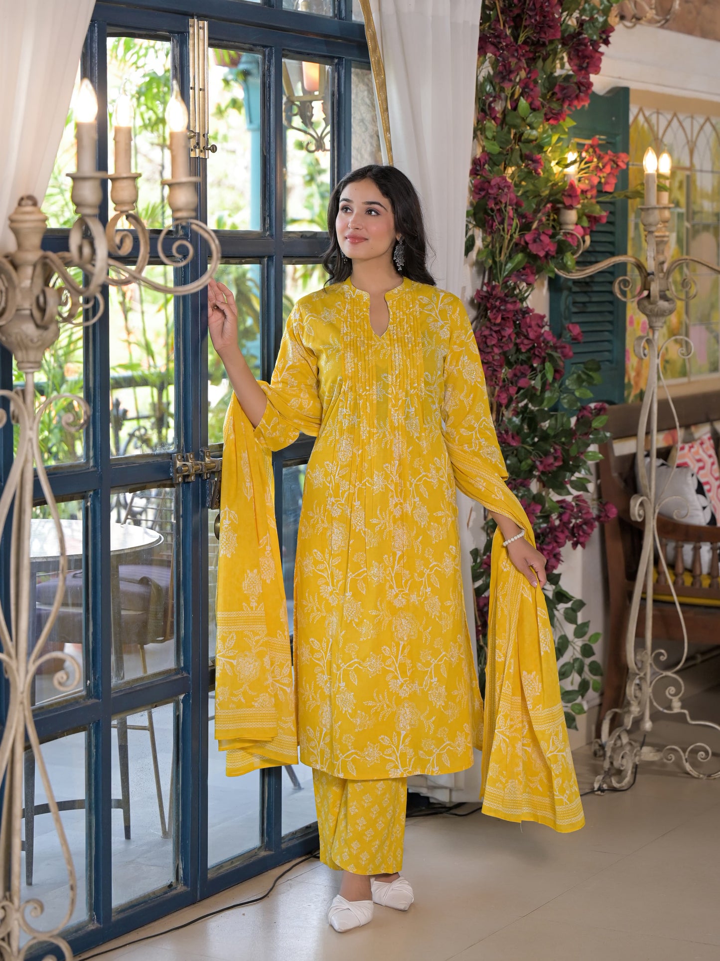 Pleated Yoke Yellow Floral Kurta Set