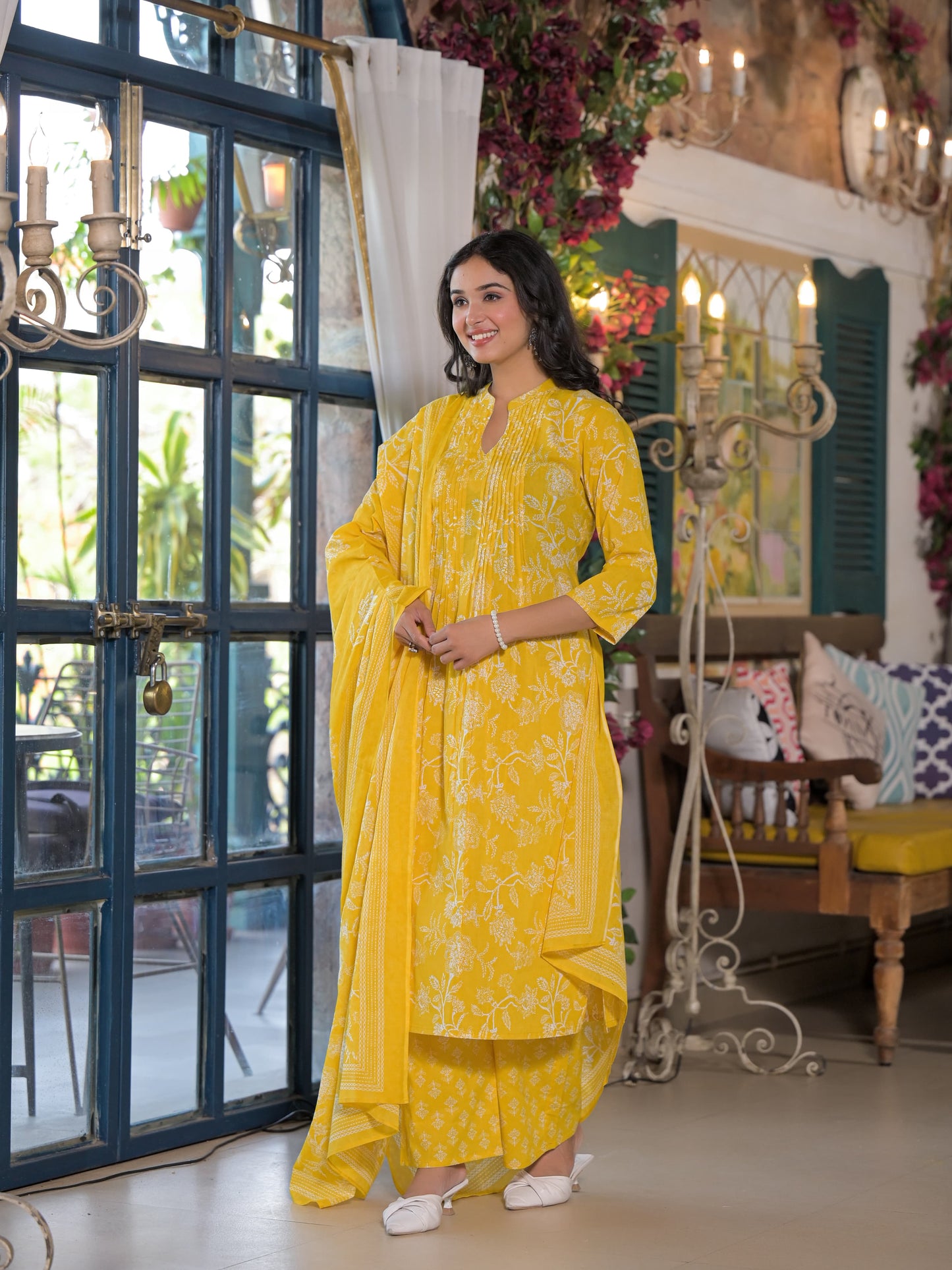 Pleated Yoke Yellow Floral Kurta Set
