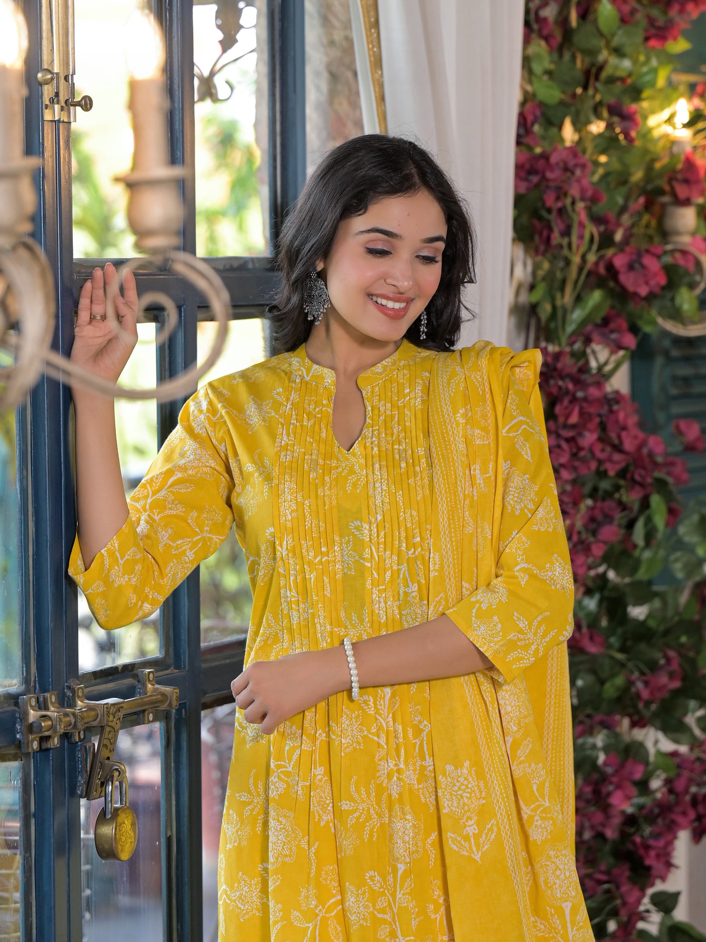 Pleated Yoke Yellow Floral Kurta Set
