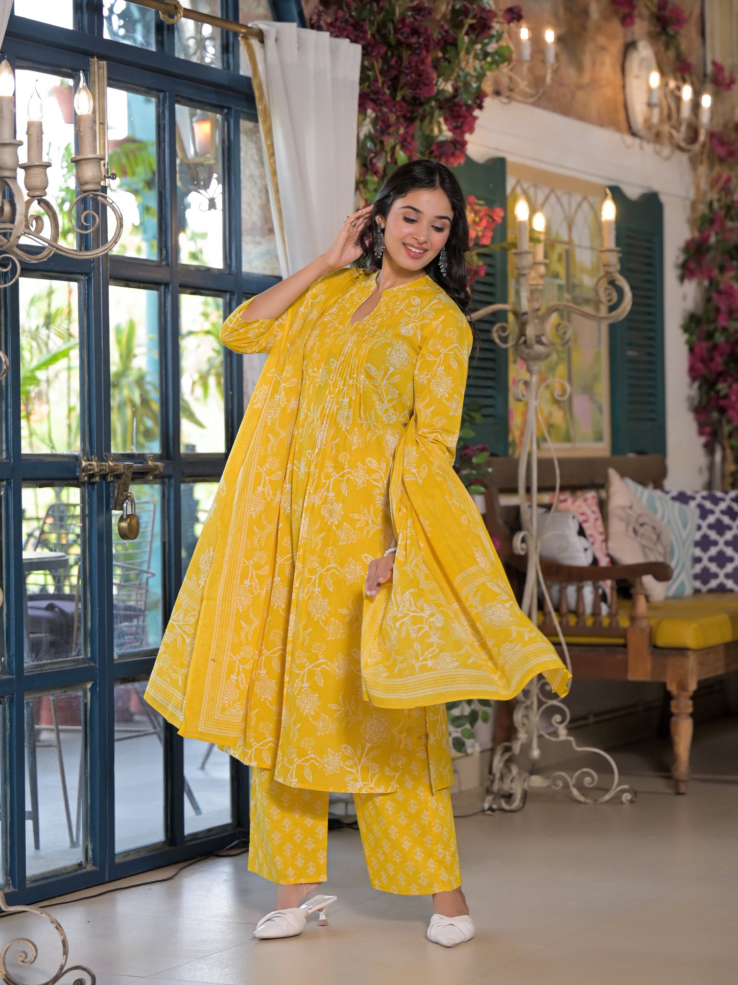 Pleated Yoke Yellow Floral Kurta Set