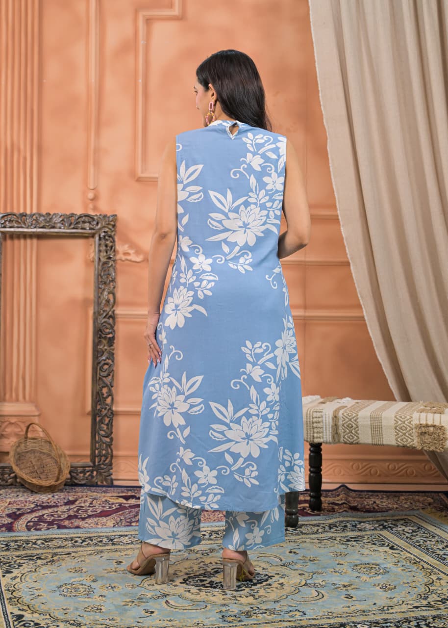 Sky Bloom Rayon Cotton Co-ord Set