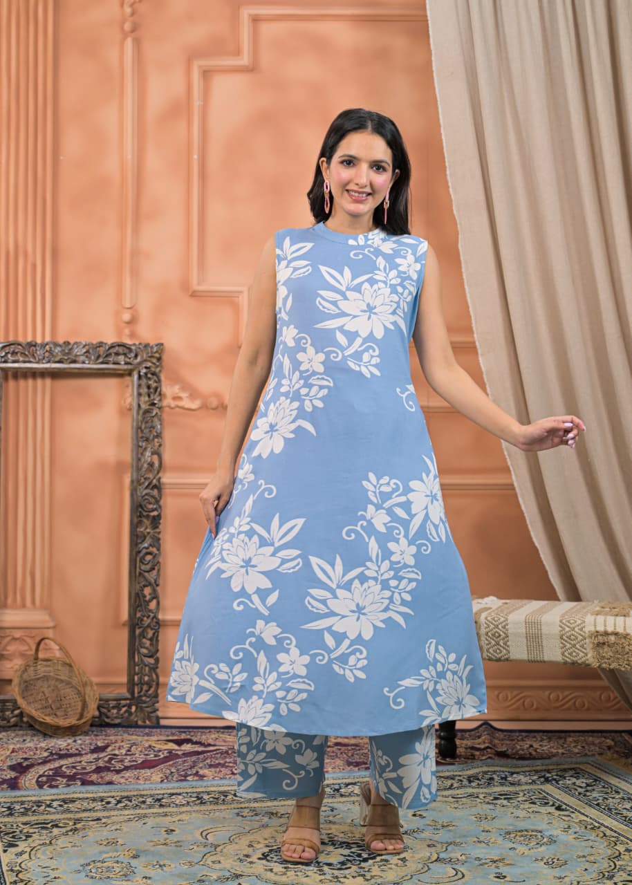 Sky Bloom Rayon Cotton Co-ord Set