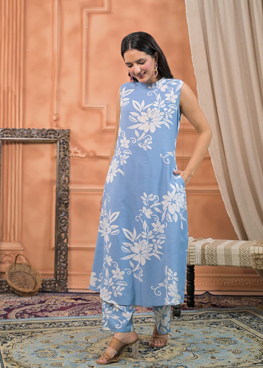 Sky Bloom Rayon Cotton Co-ord Set