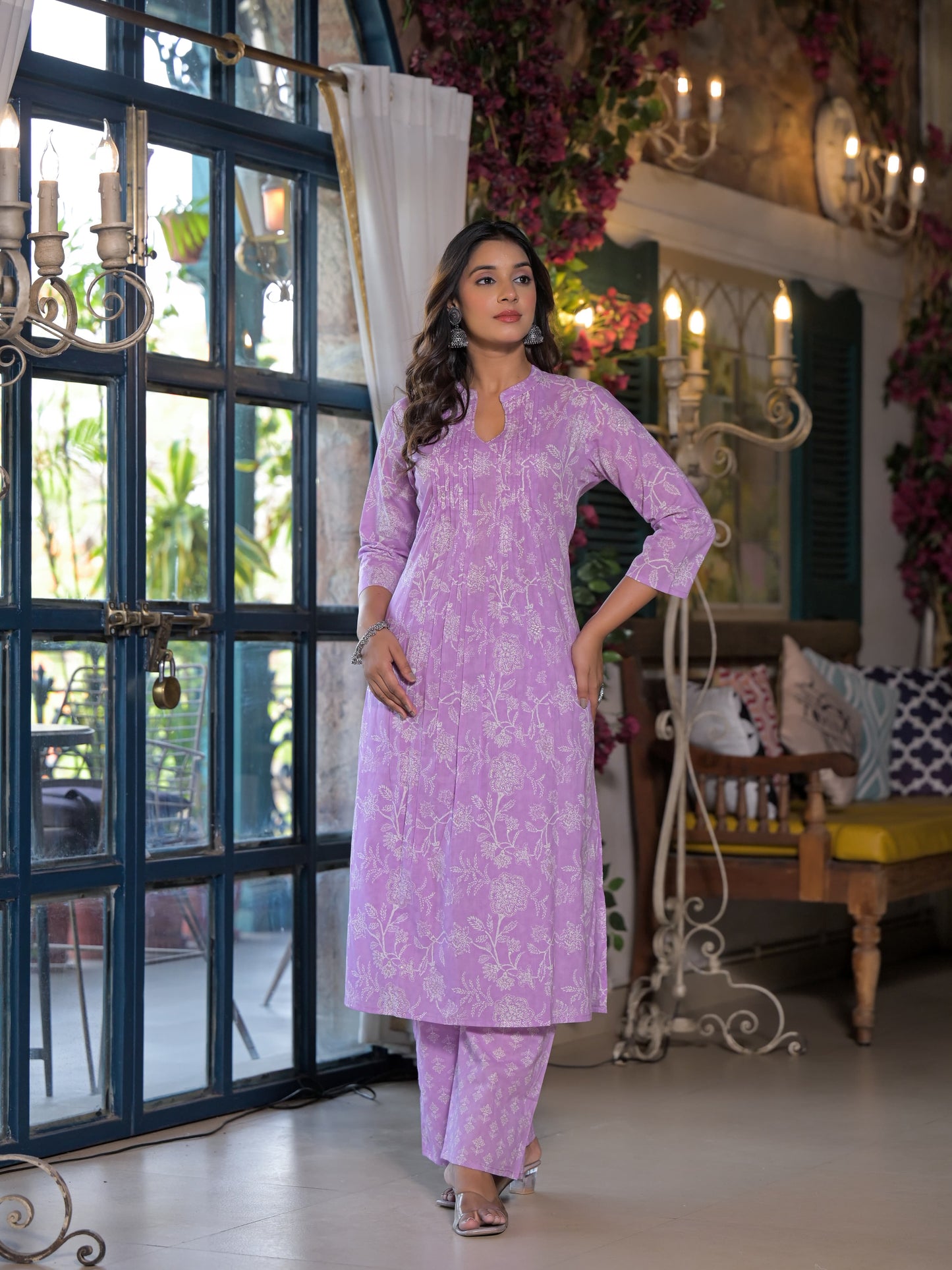 Pleated Yoke Purple Floral Kurta Set