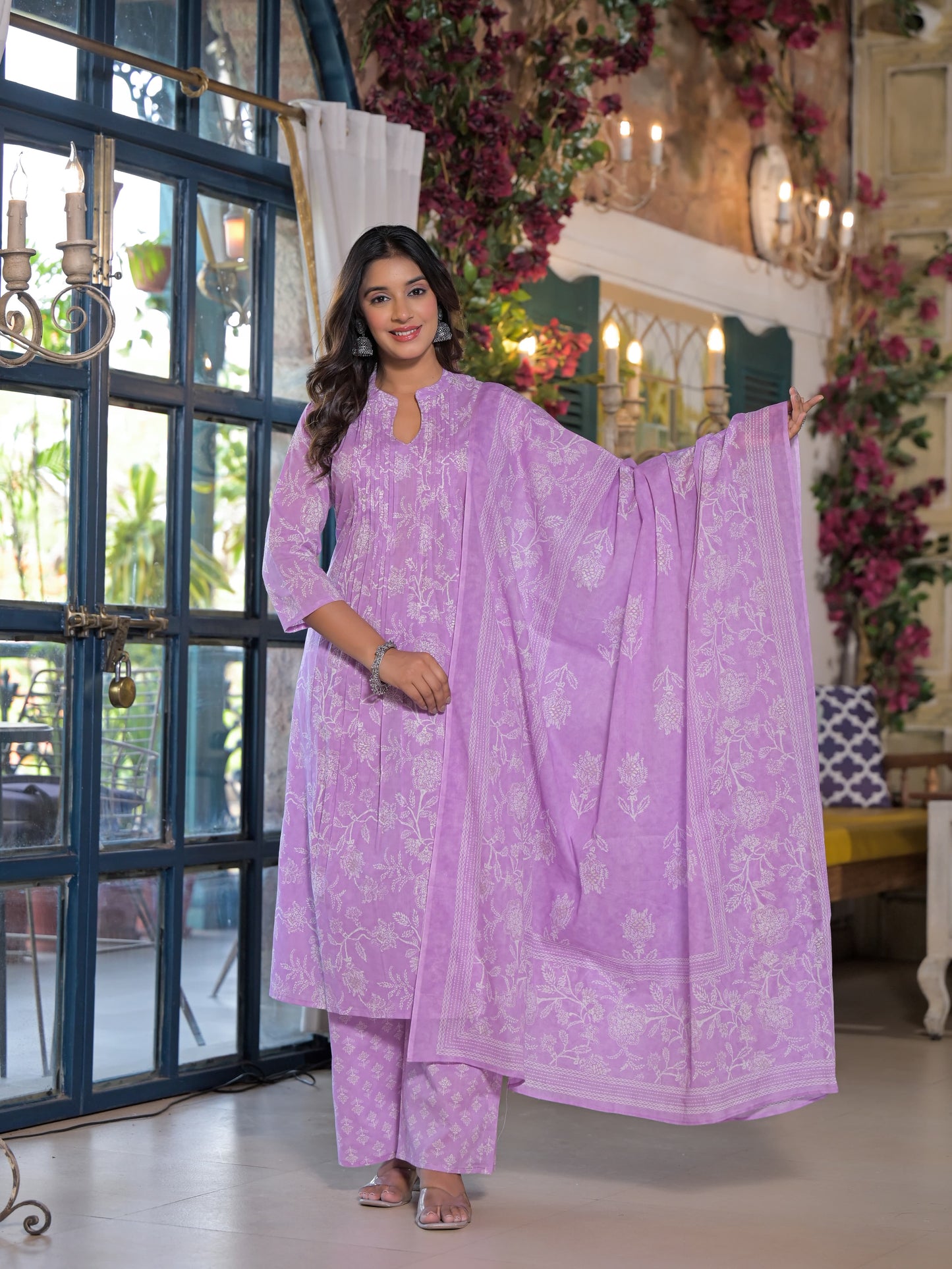 Pleated Yoke Purple Floral Kurta Set