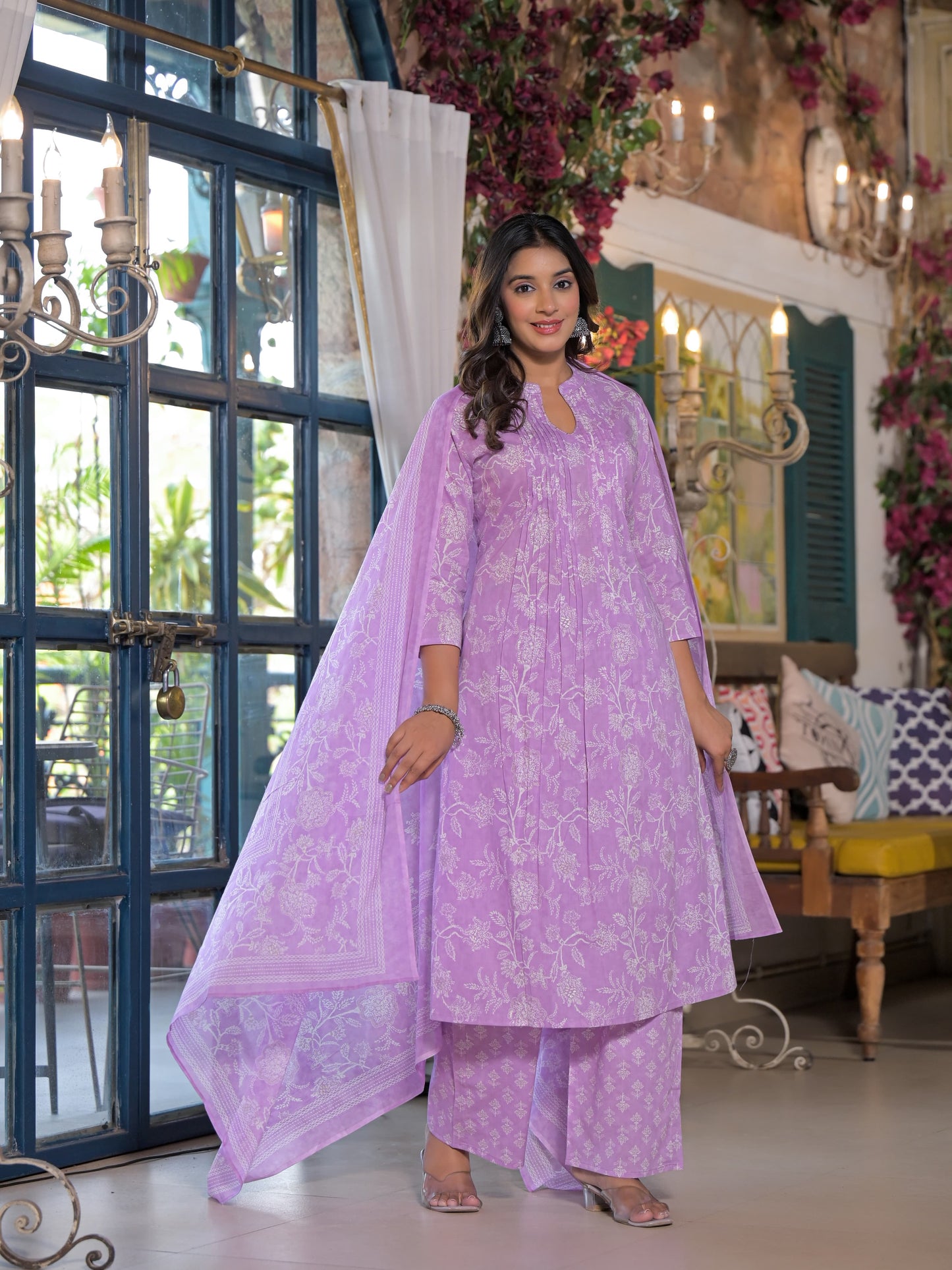 Pleated Yoke Purple Floral Kurta Set