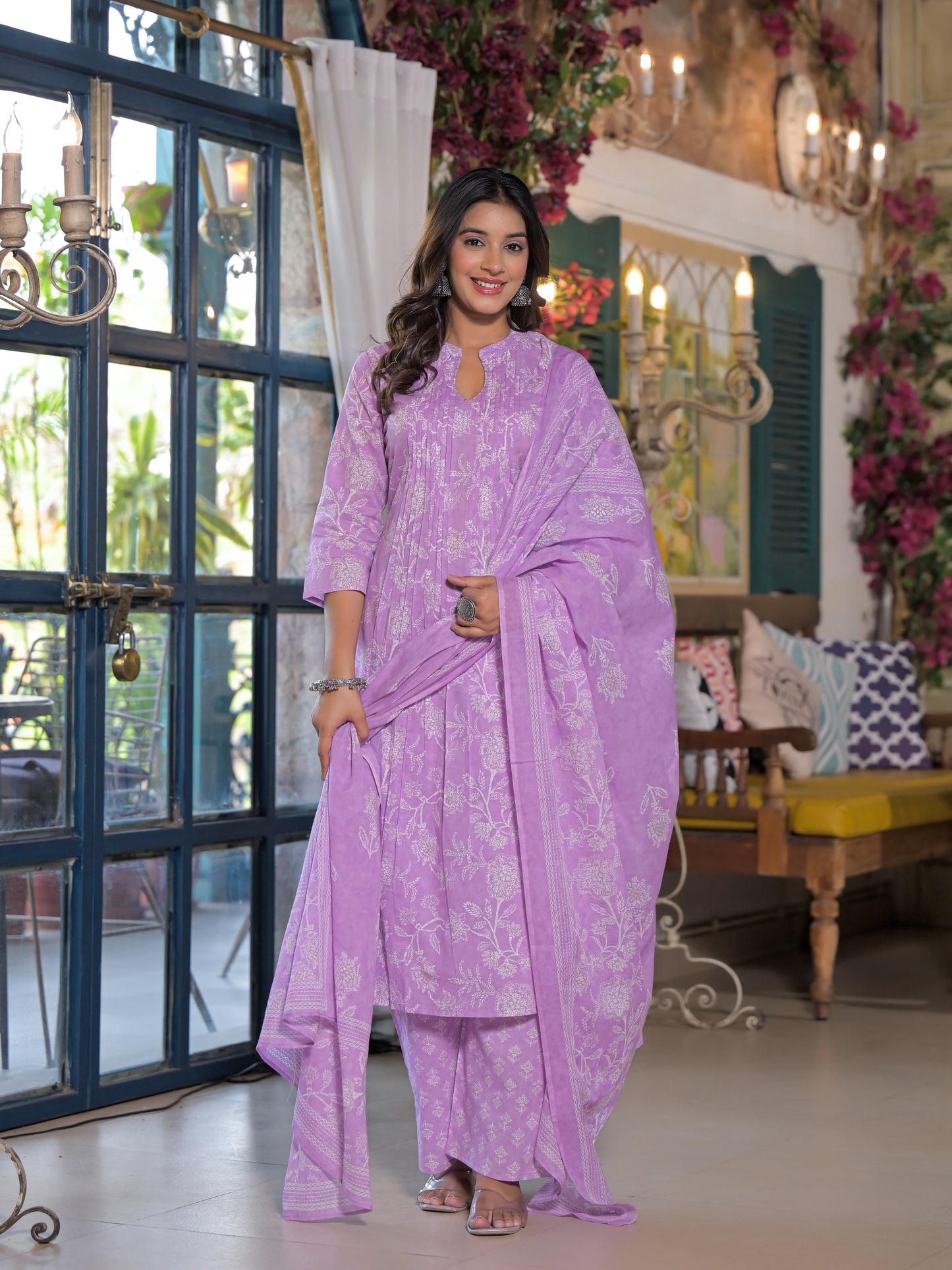 Pleated Yoke Purple Floral Kurta Set
