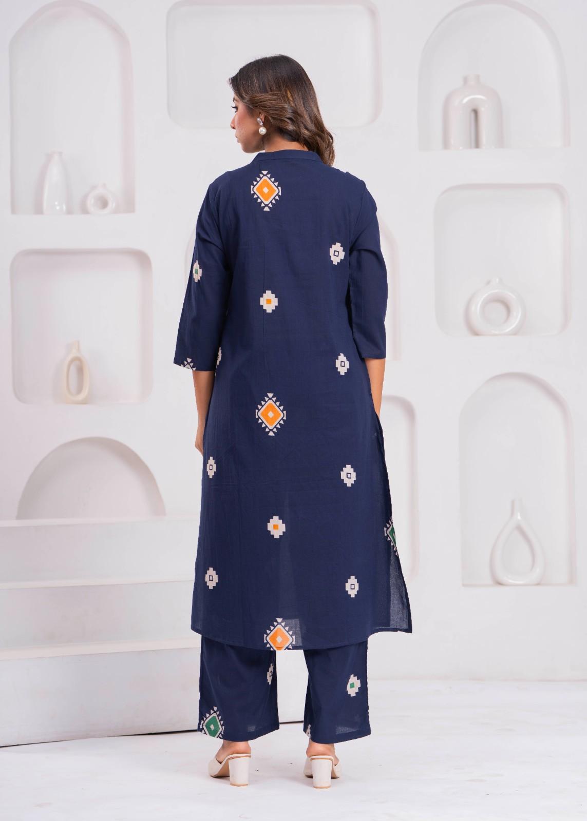 Navy Blue Printed Kurti & Pant Co-Ord Set