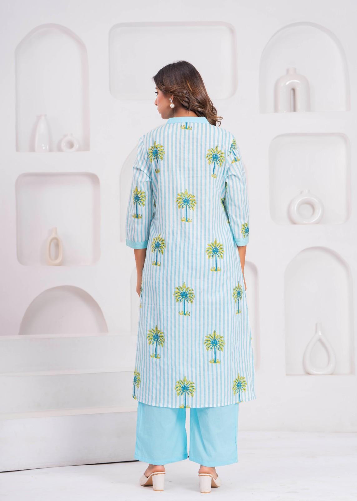 Aqua Palm Print Kurta & Palazzo Set