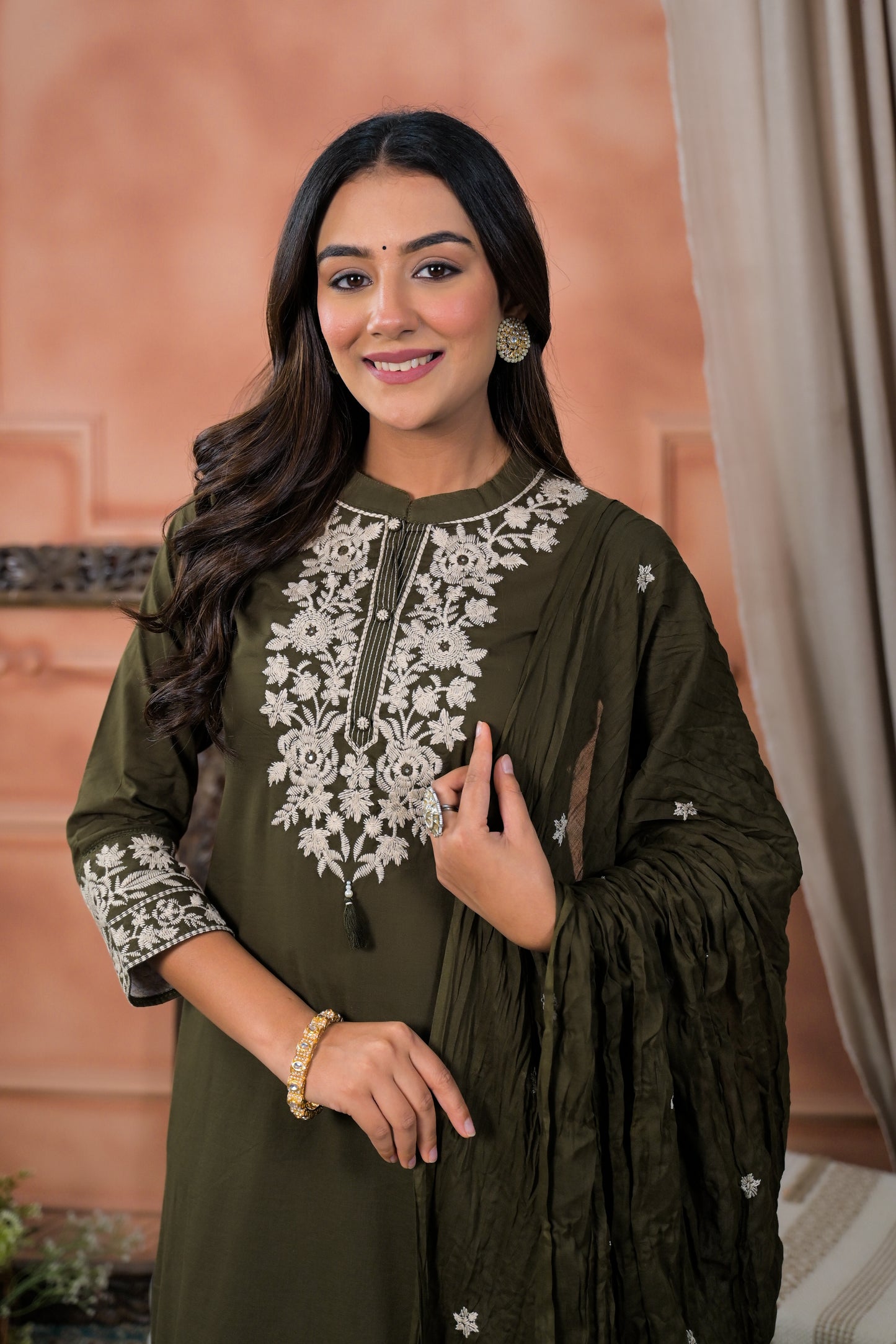 Cotton Embroidery Olive  Straight Kurta Dupatta Set