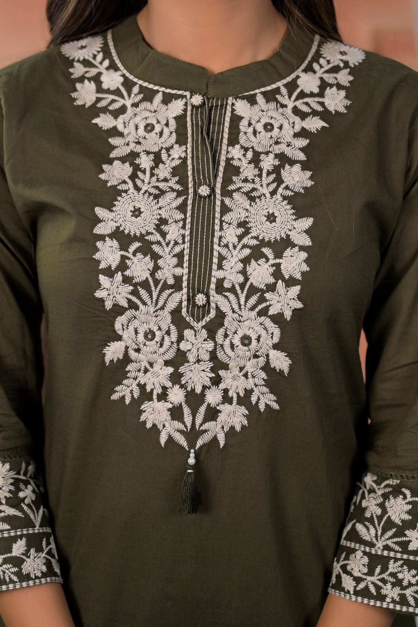 Cotton Embroidery Olive  Straight Kurta Dupatta Set