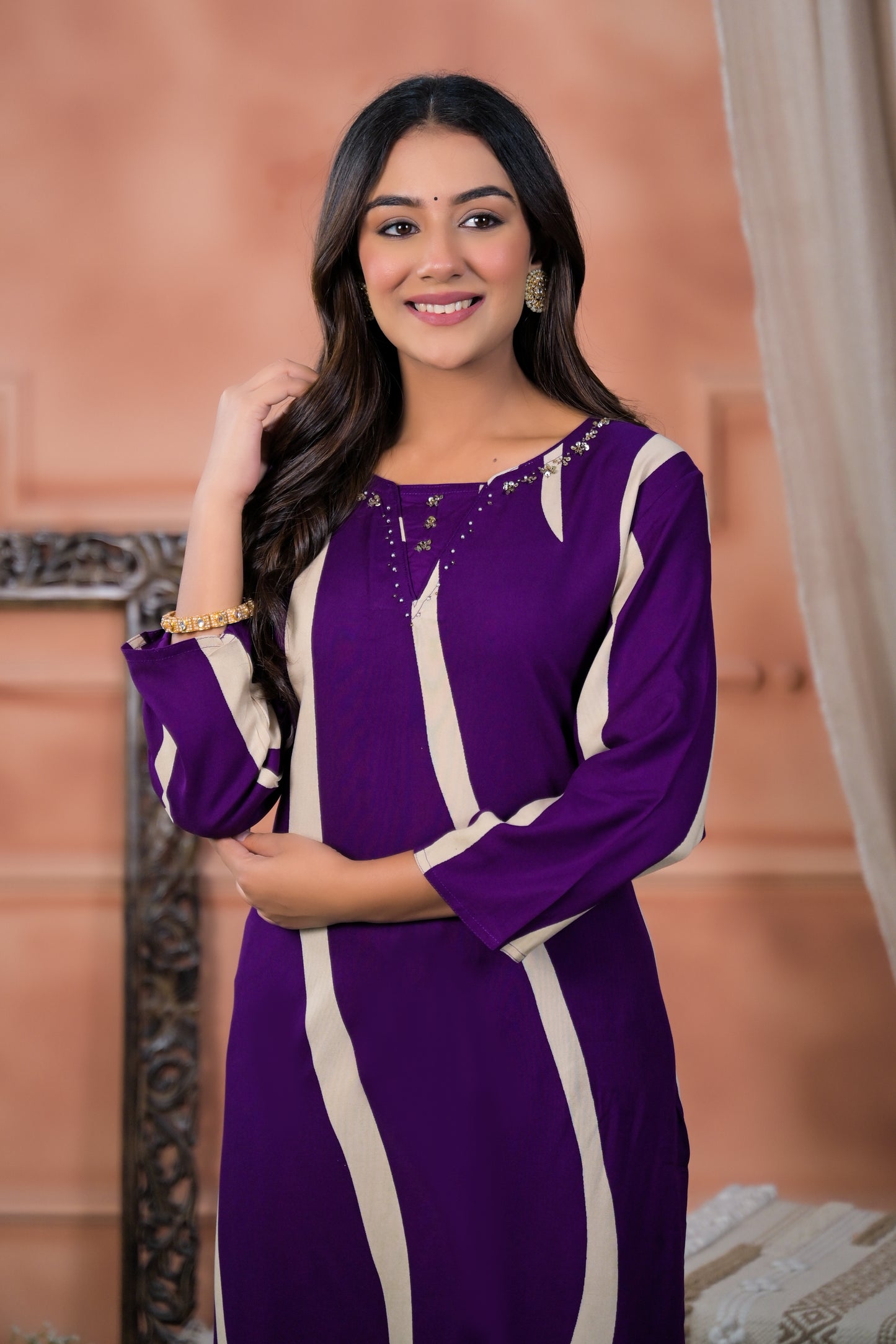 Deep Purple Wave Print Two-Piece Kurta Set