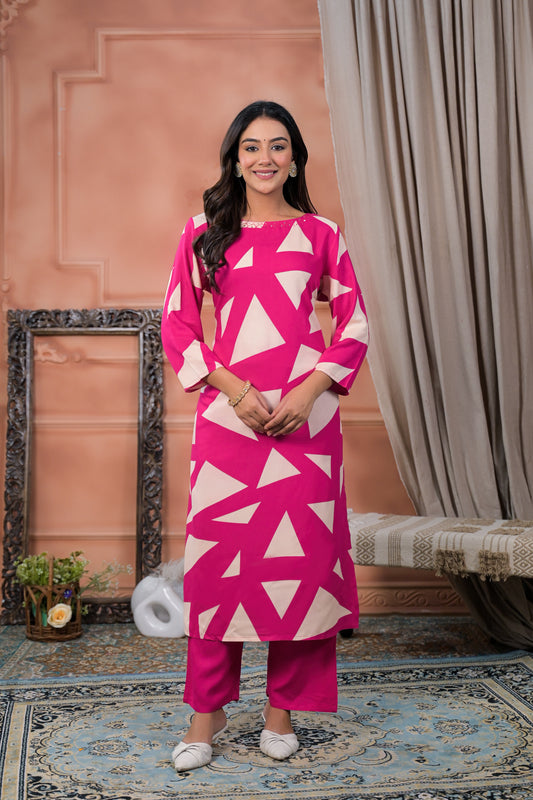 Pink Fuchsia Geometric Printed Two-Piece Kurta Set