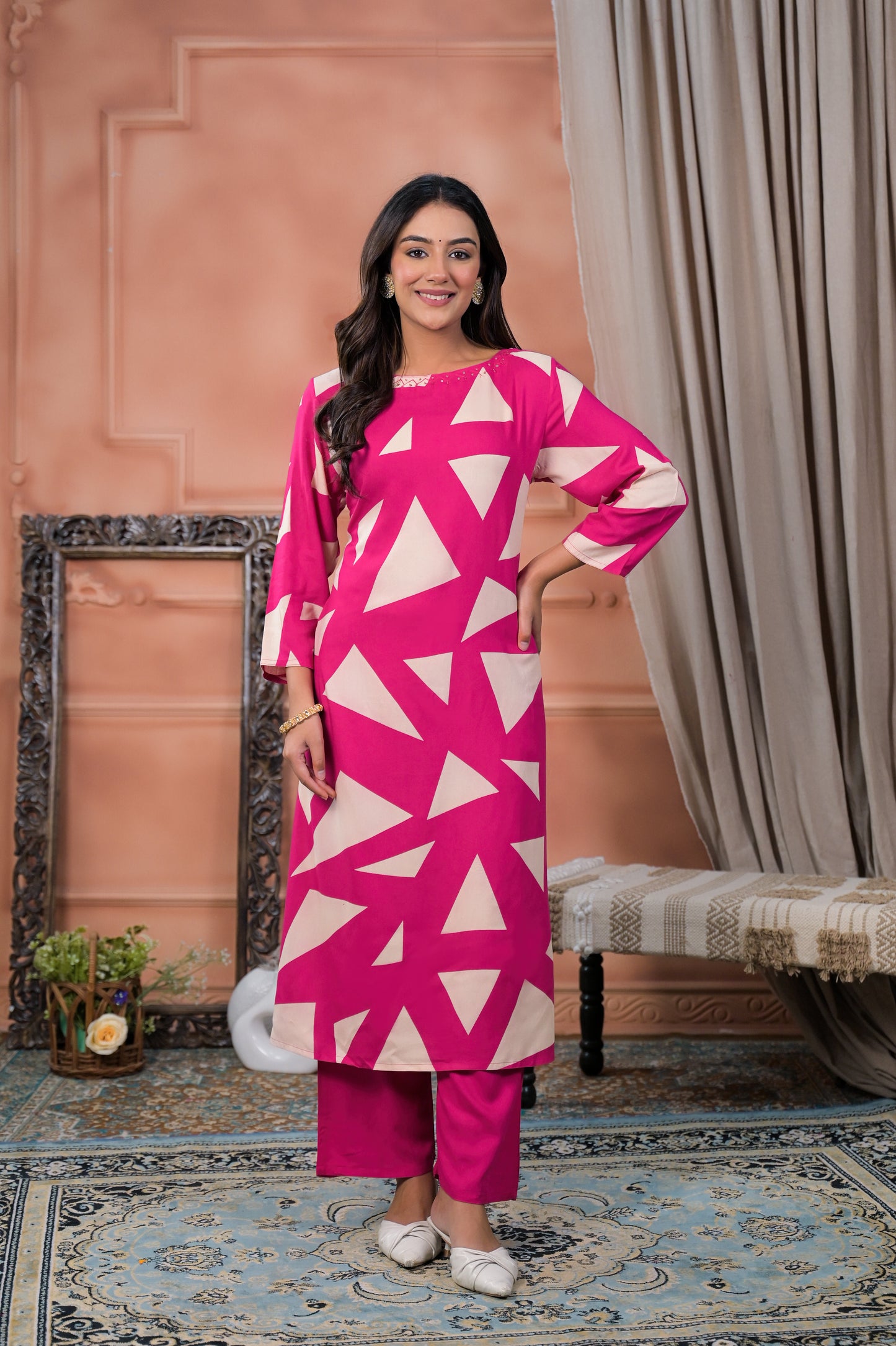 Pink Fuchsia Geometric Printed Two-Piece Kurta Set