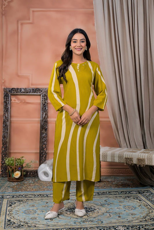Mustard Wave Print Two-Piece Kurta Set
