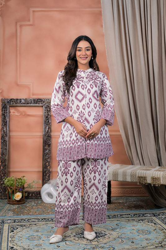 Lavender Lilac Ikat Printed Two-Piece Lawn Suit