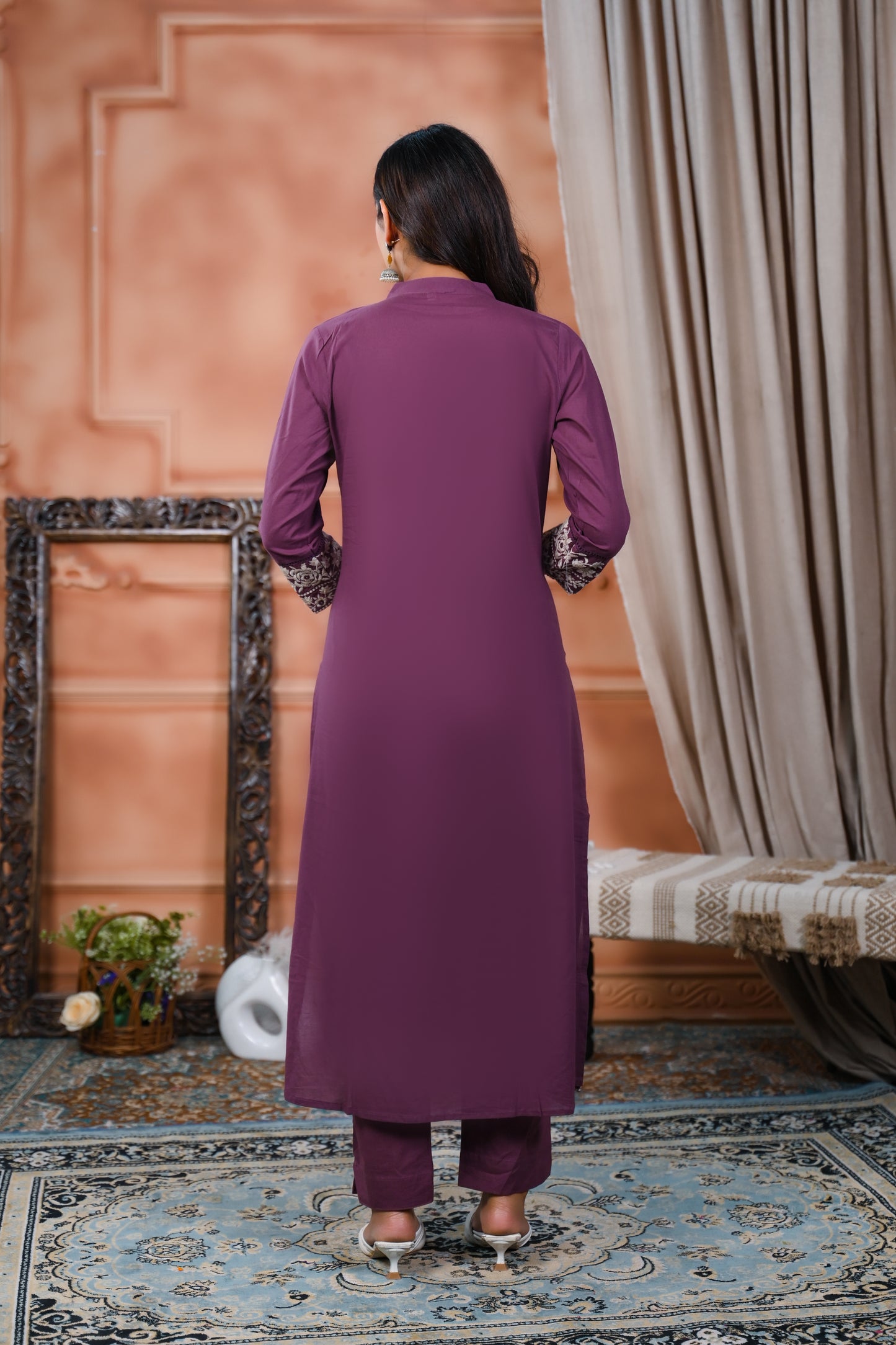 Cotton Embroidery Purple  Straight Kurta Dupatta Set