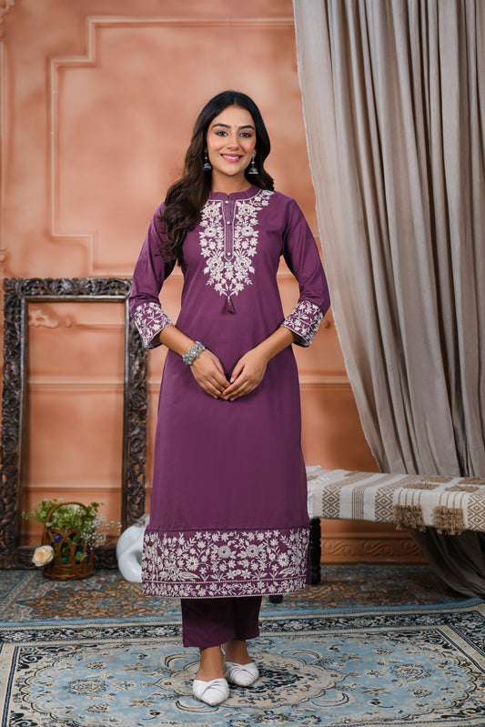 Cotton Embroidery Purple  Straight Kurta Dupatta Set