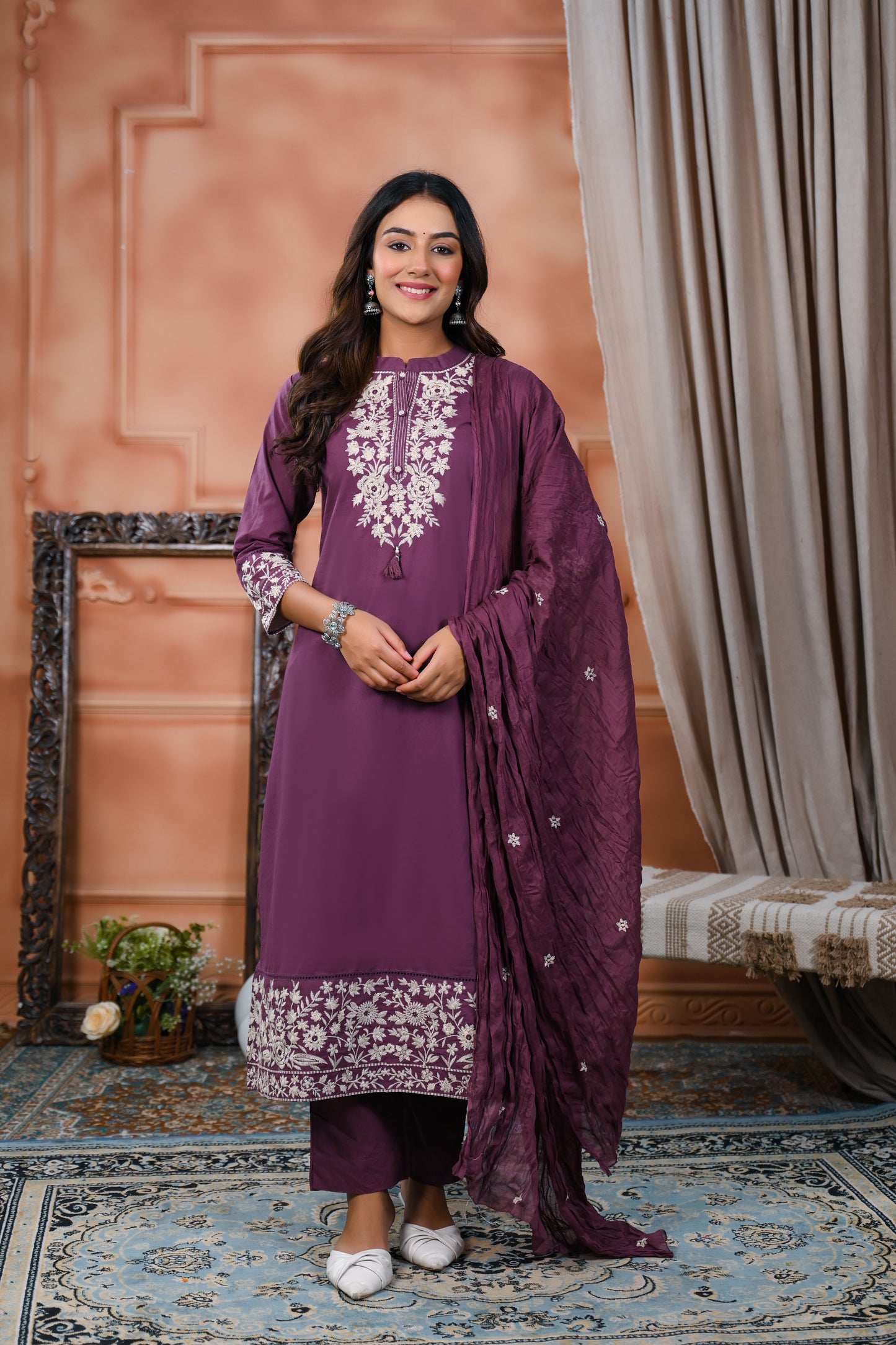 Cotton Embroidery Purple  Straight Kurta Dupatta Set