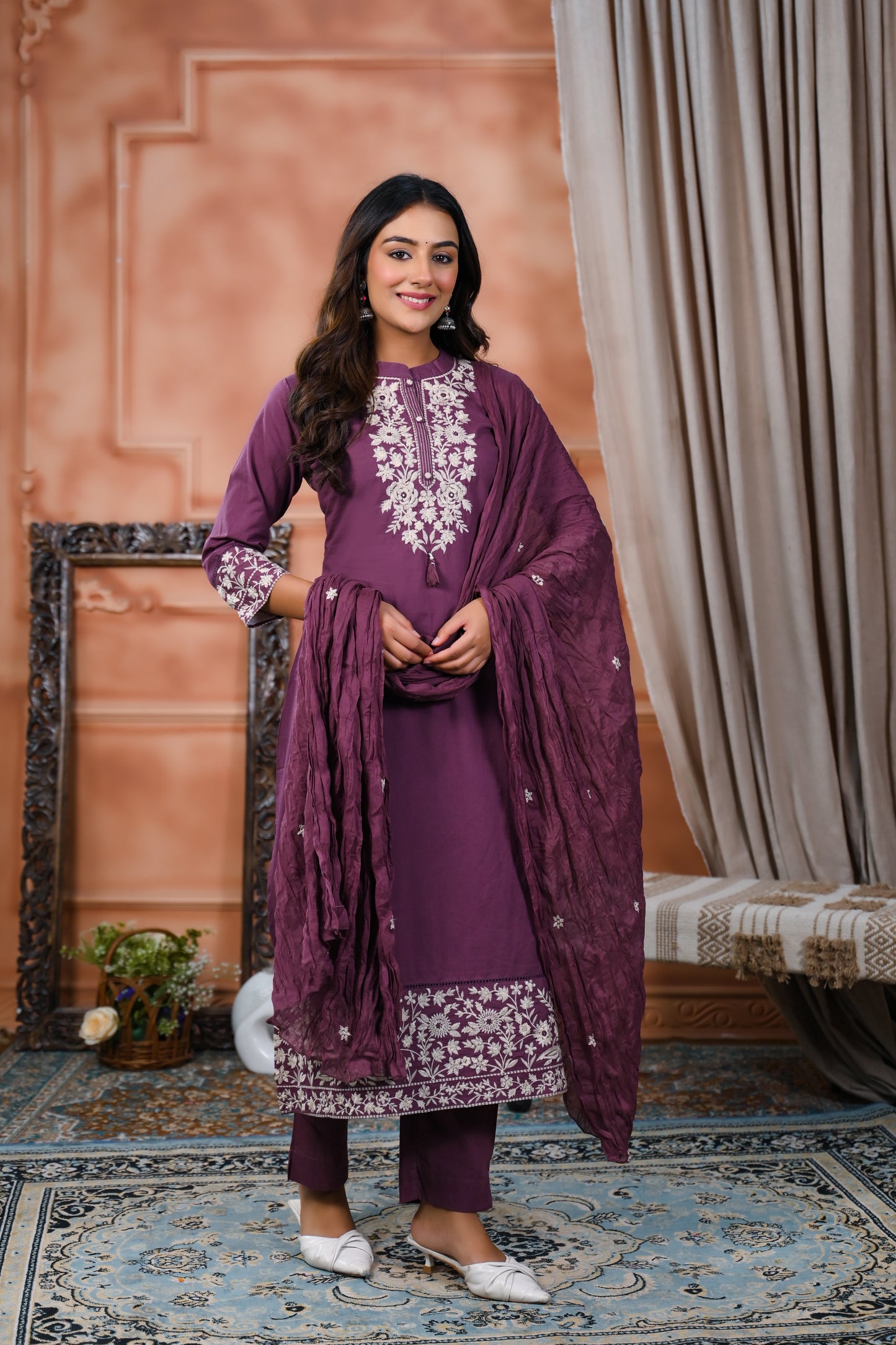 Cotton Embroidery Purple  Straight Kurta Dupatta Set