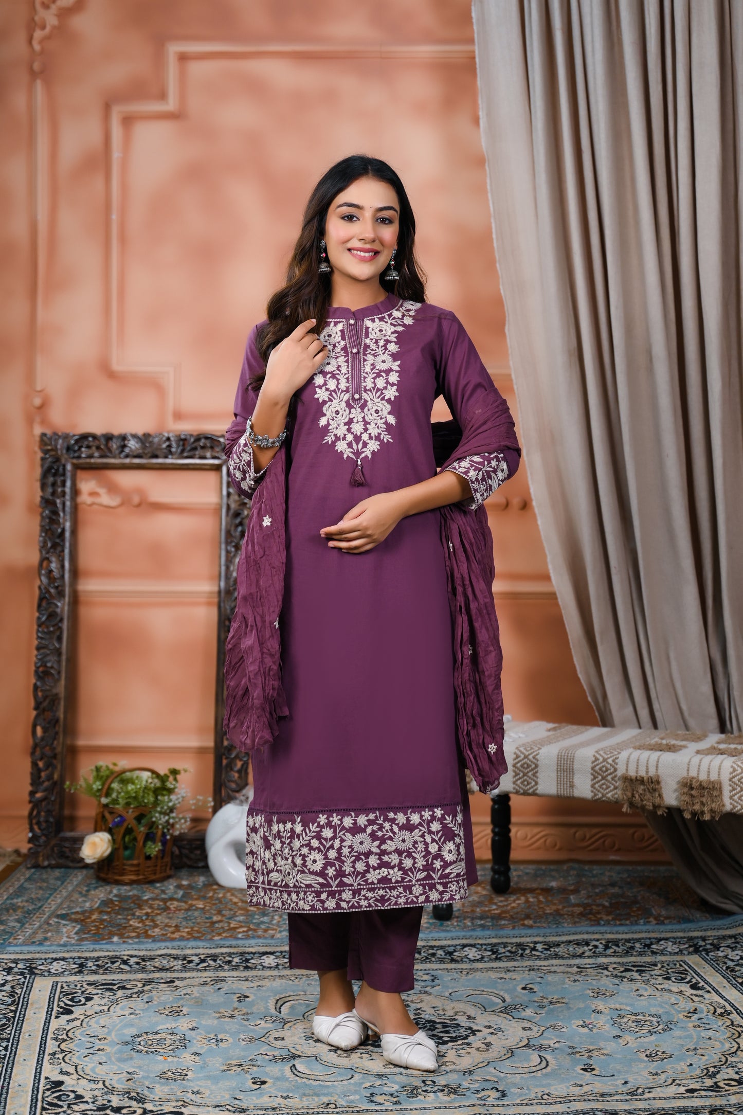 Cotton Embroidery Purple  Straight Kurta Dupatta Set