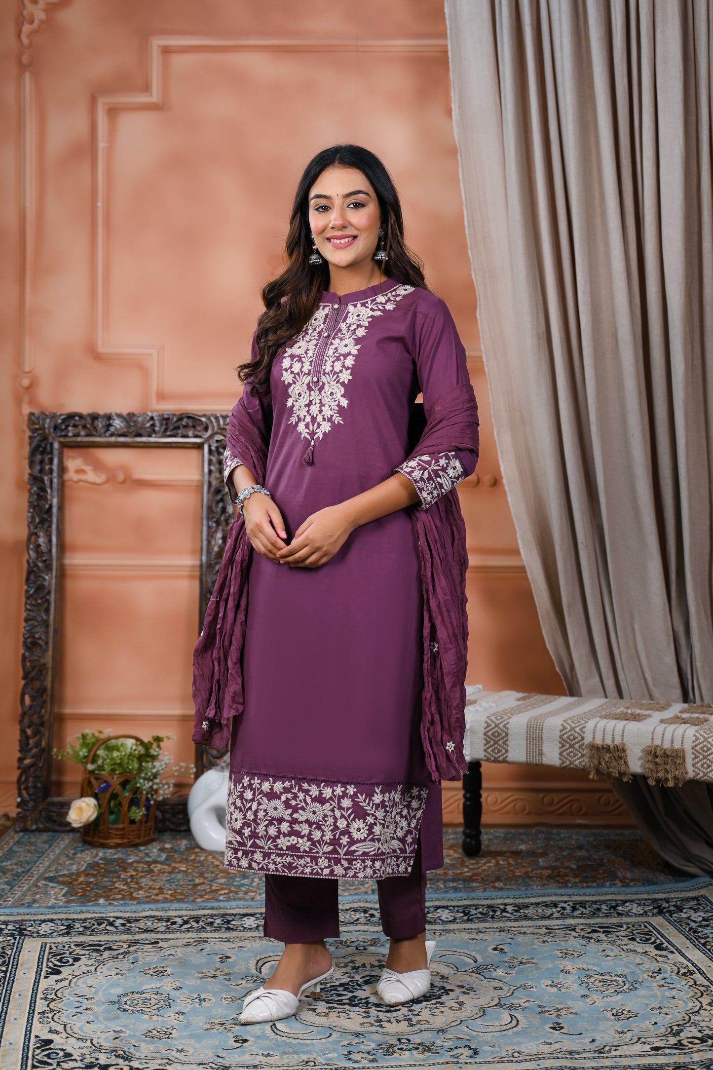 Cotton Embroidery Purple  Straight Kurta Dupatta Set