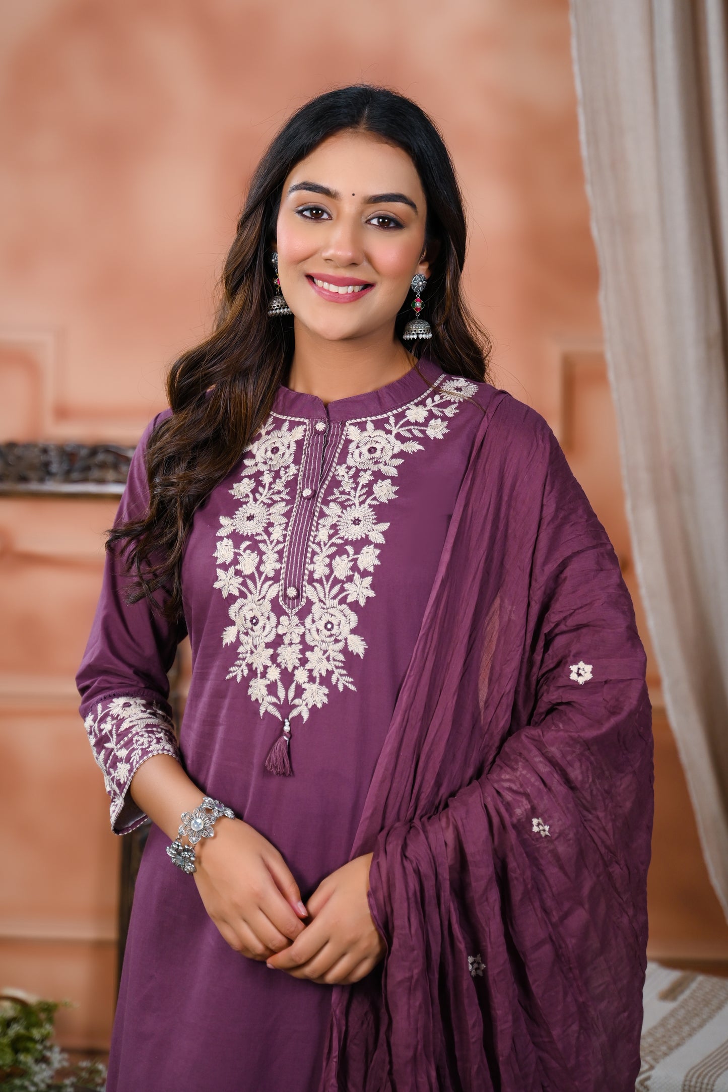 Cotton Embroidery Purple  Straight Kurta Dupatta Set