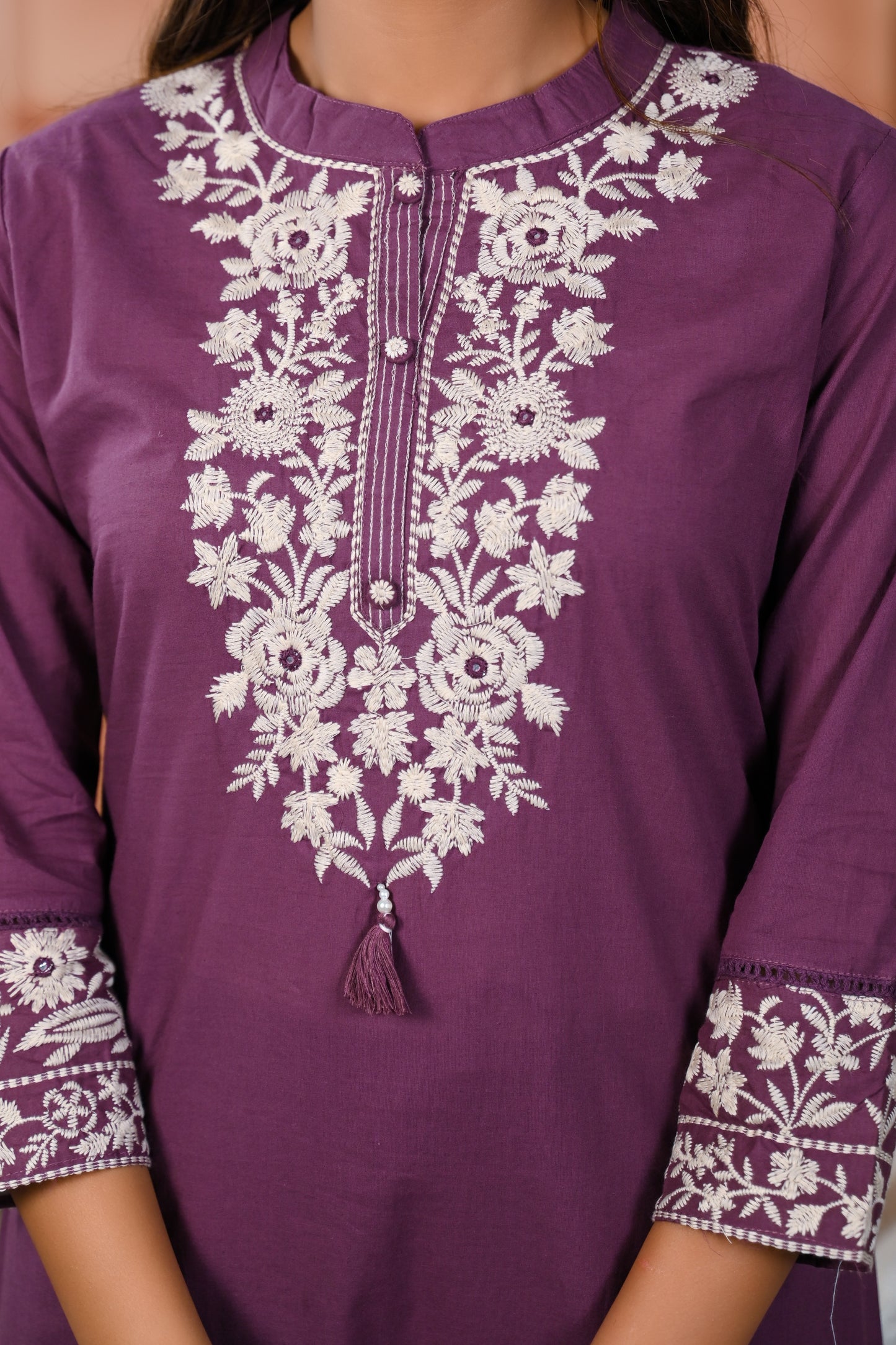 Cotton Embroidery Purple  Straight Kurta Dupatta Set