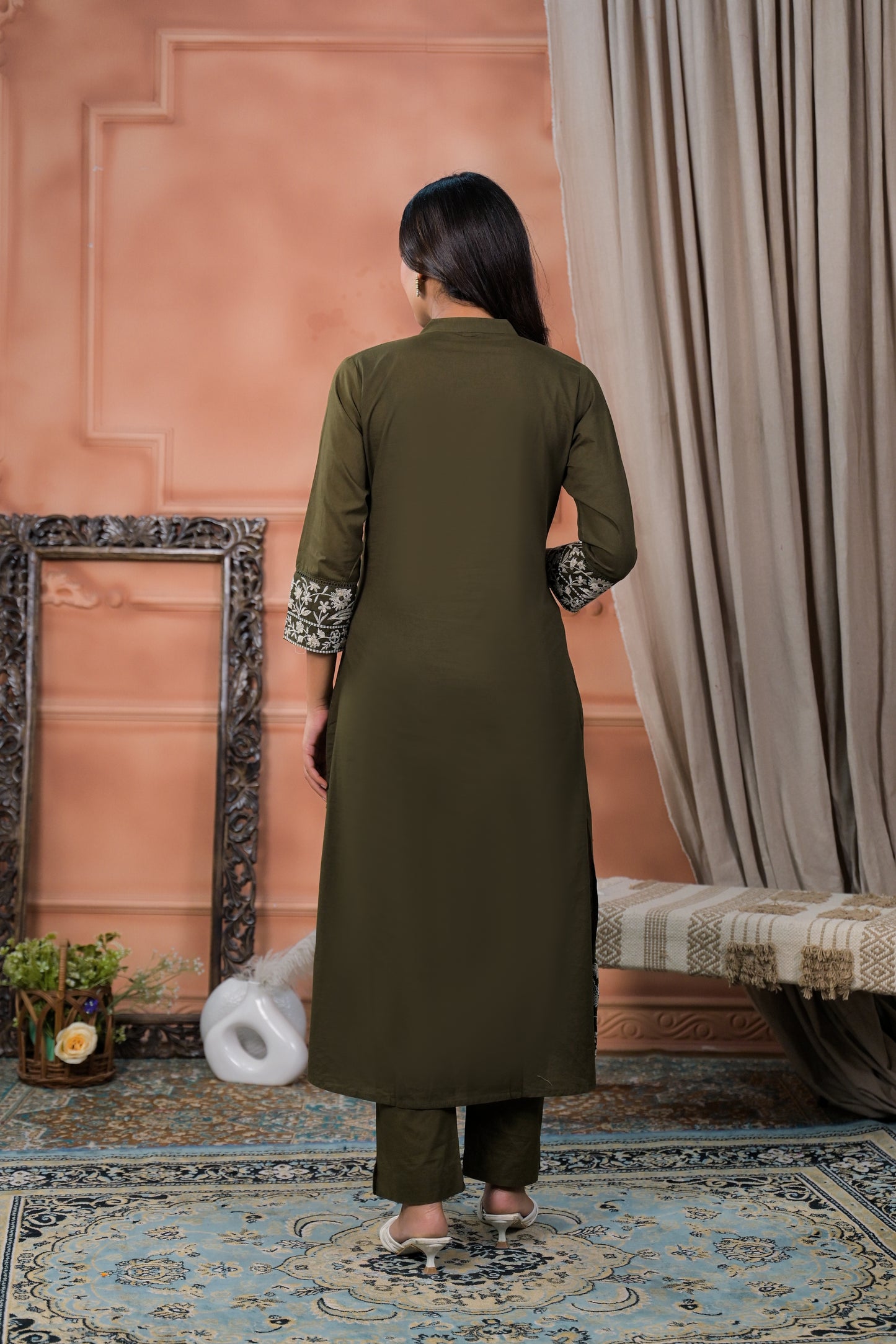 Cotton Embroidery Olive  Straight Kurta Dupatta Set
