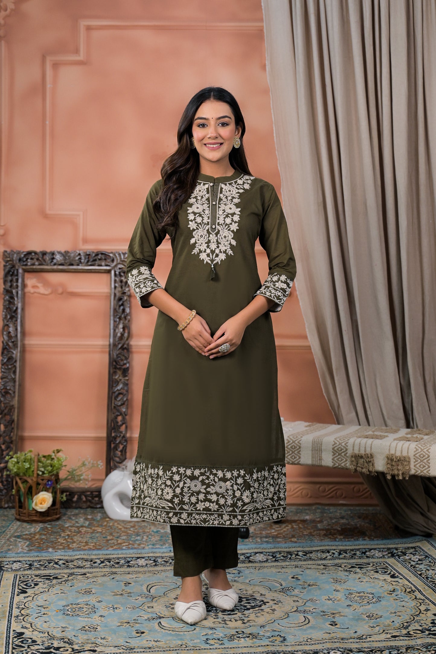 Cotton Embroidery Olive  Straight Kurta Dupatta Set