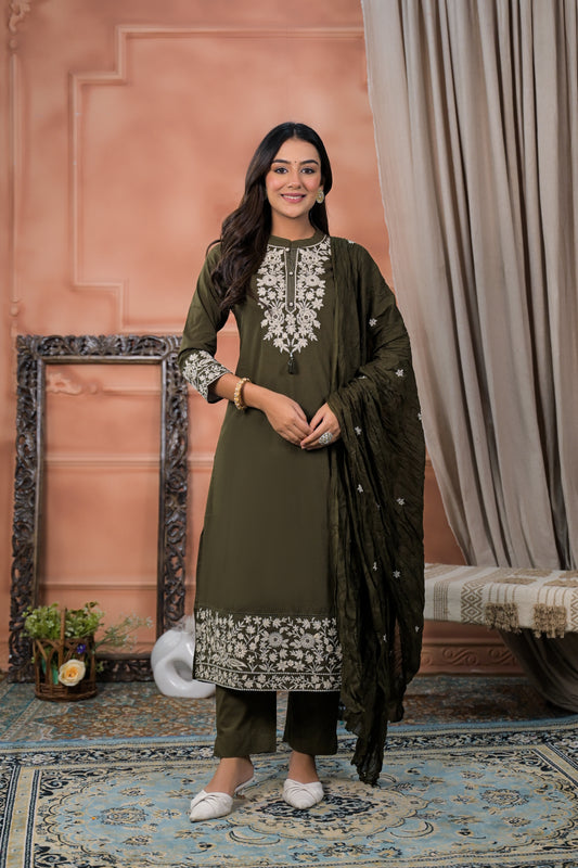 Cotton Embroidery Olive  Straight Kurta Dupatta Set