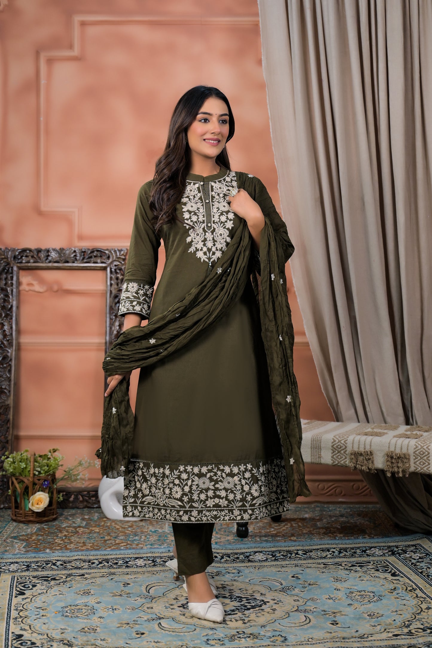Cotton Embroidery Olive  Straight Kurta Dupatta Set
