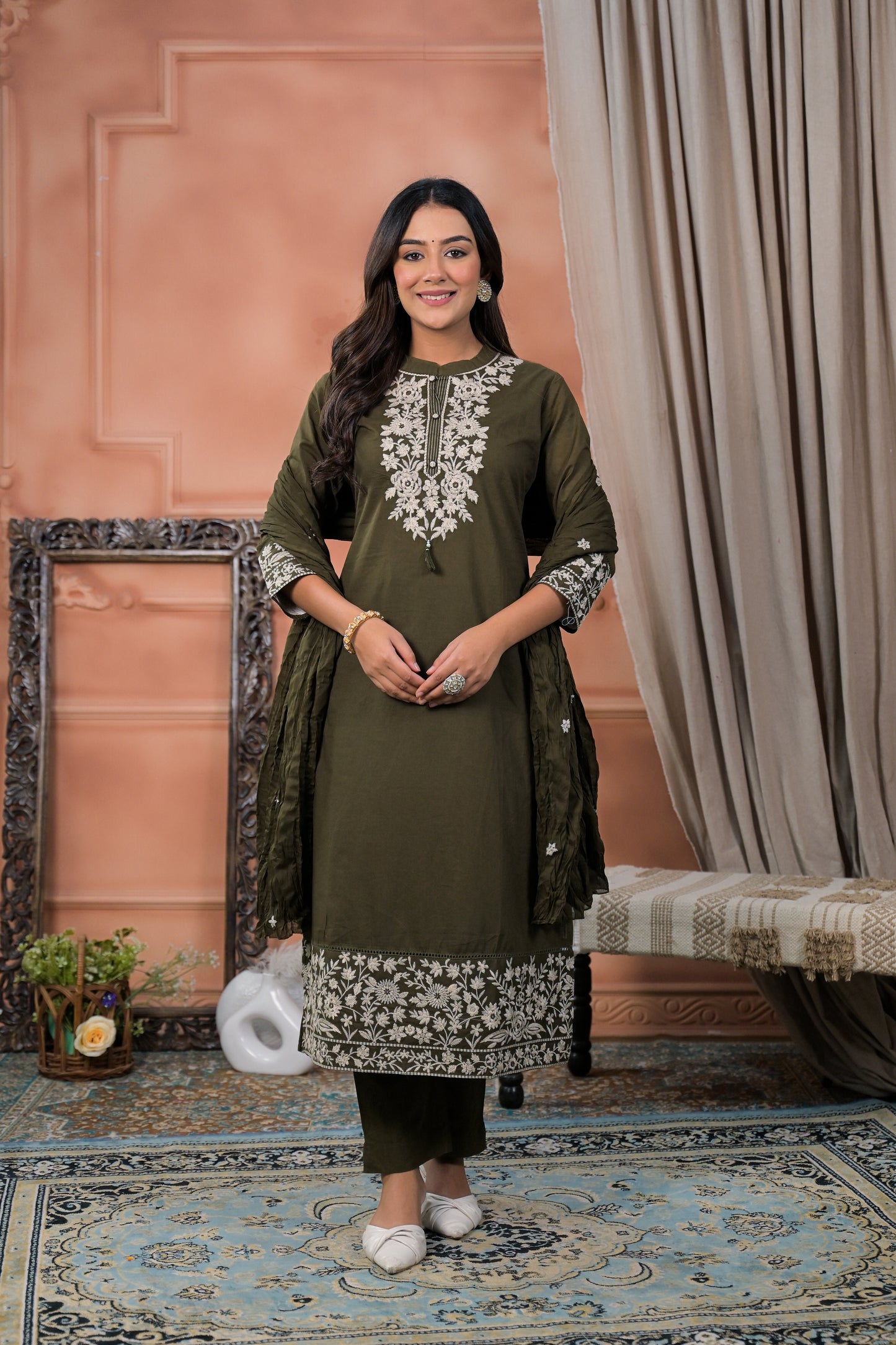 Cotton Embroidery Olive  Straight Kurta Dupatta Set