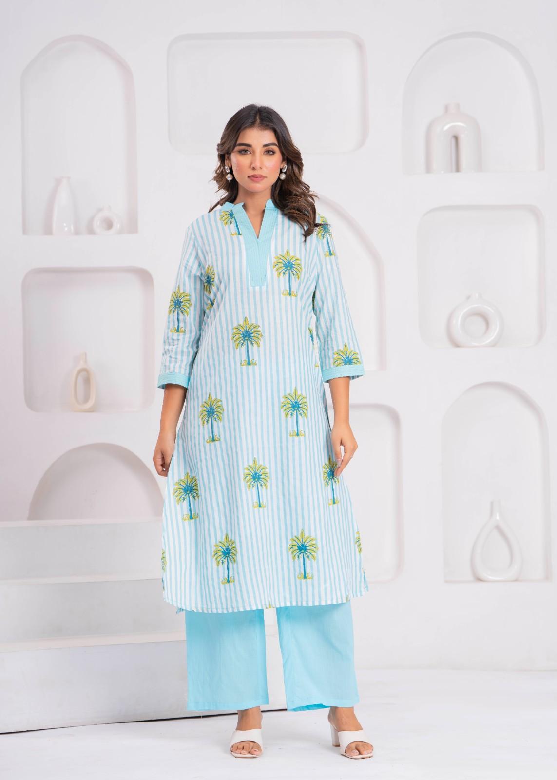 Aqua Palm Print Kurta & Palazzo Set