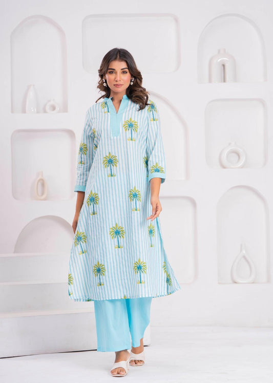 Aqua Palm Print Kurta & Palazzo Set