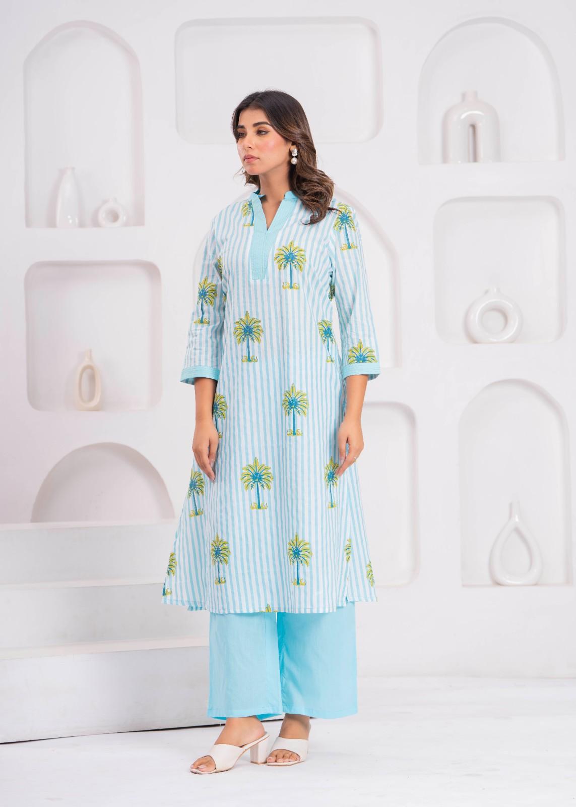 Aqua Palm Print Kurta & Palazzo Set