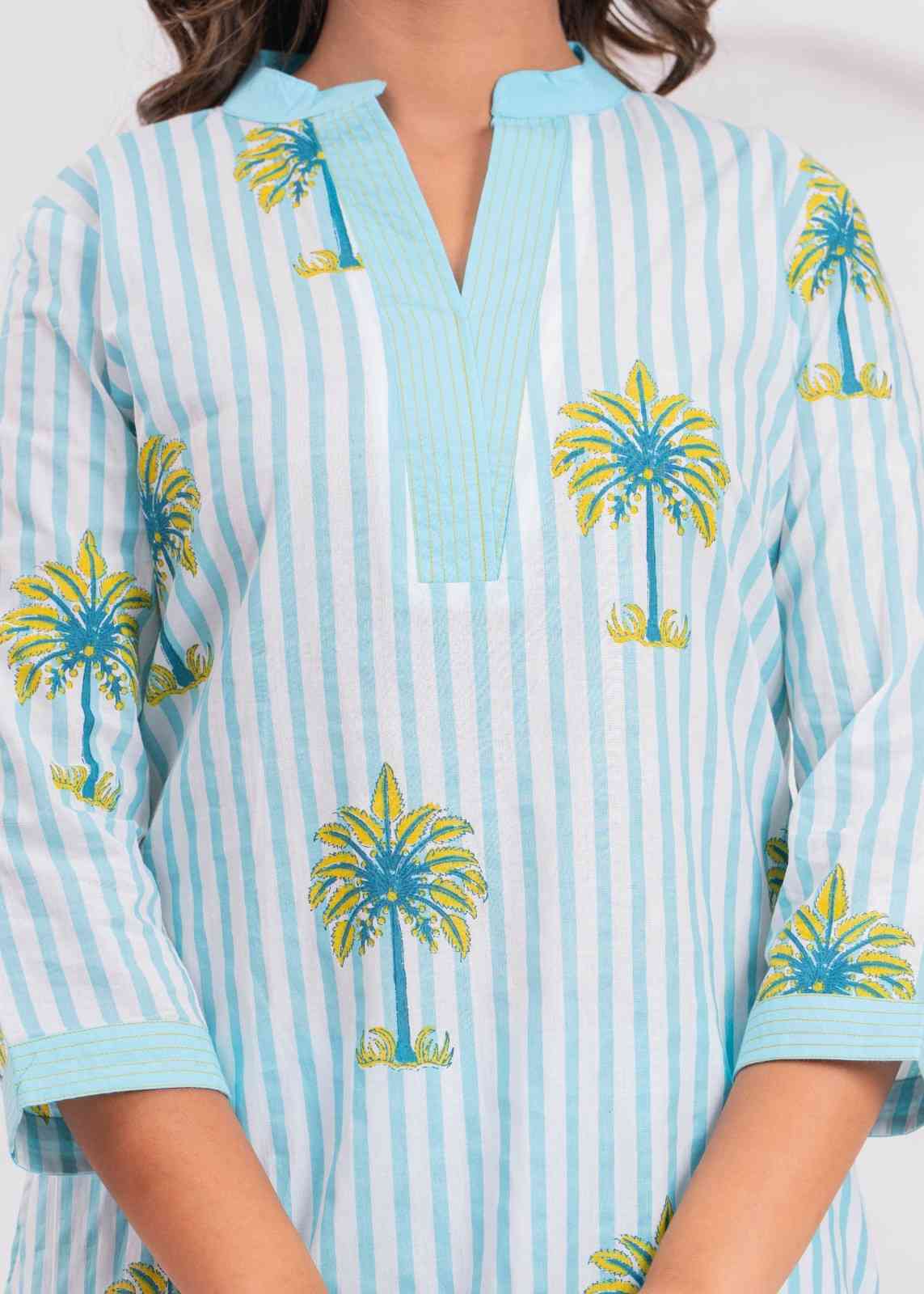 Aqua Palm Print Kurta & Palazzo Set