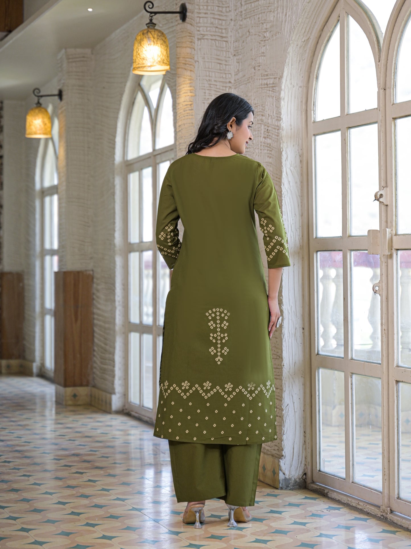 Olive Green Bandhej Kurta Palazzo Set with Dupatta