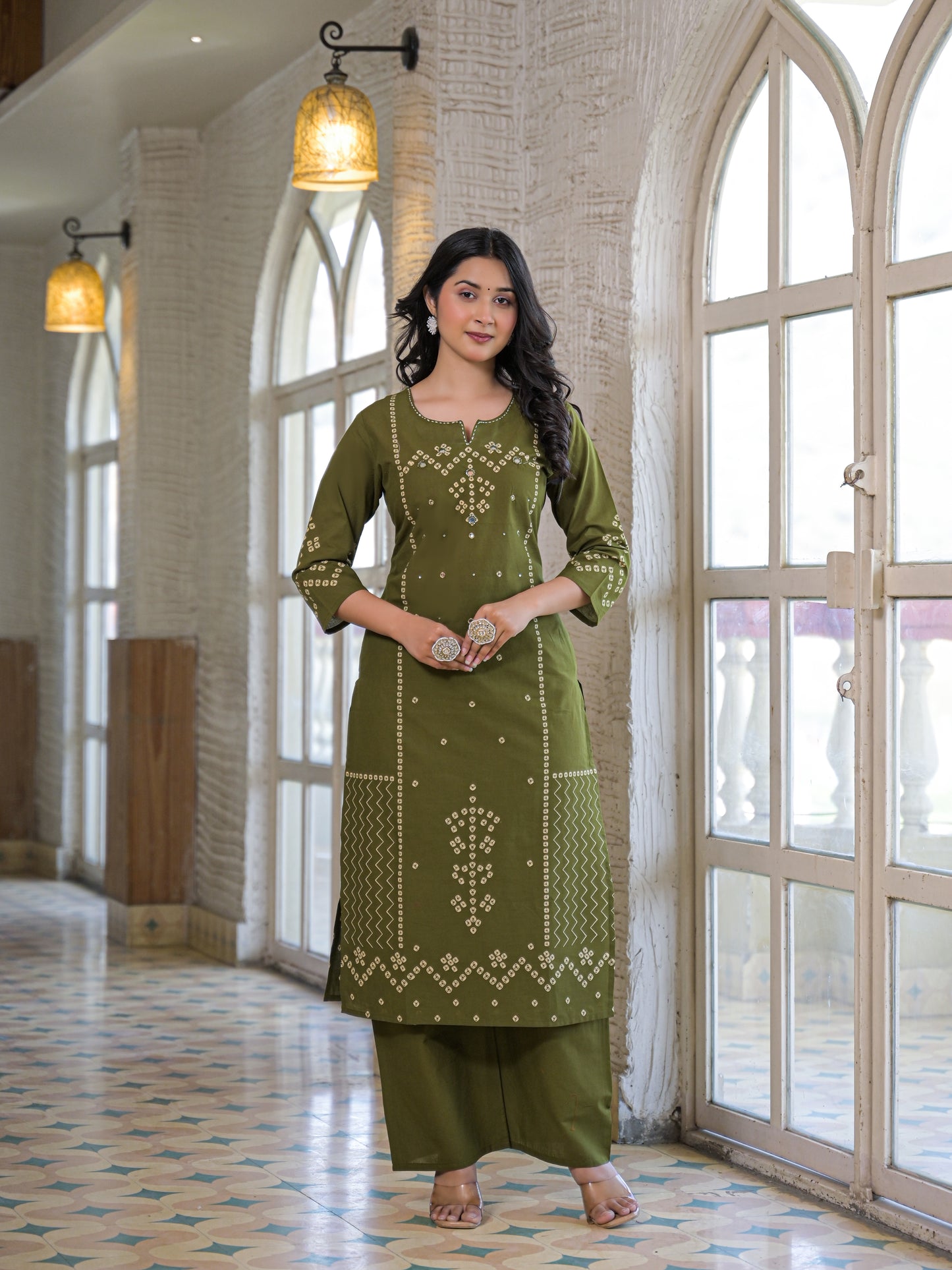 Olive Green Bandhej Kurta Palazzo Set with Dupatta