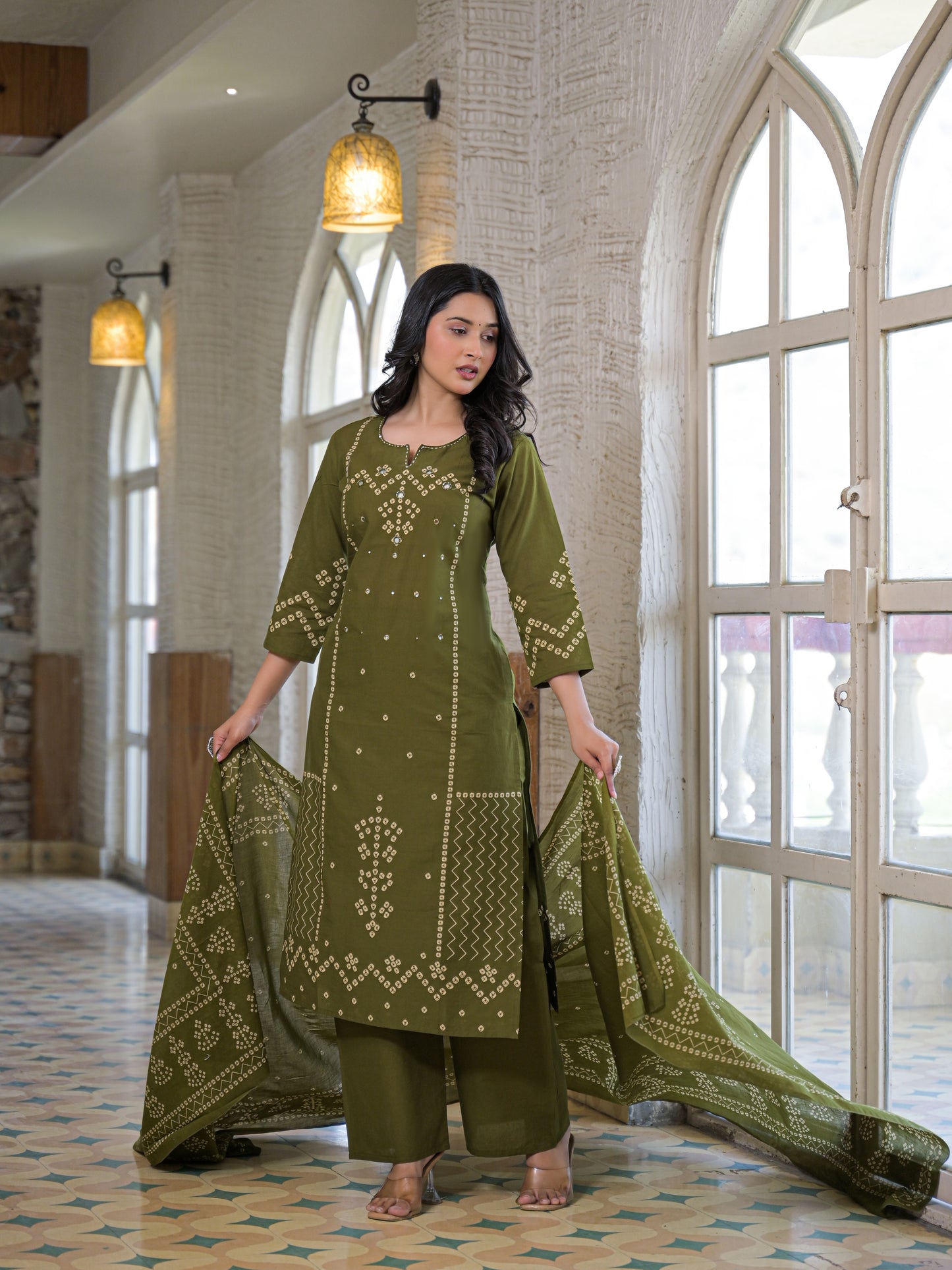 Olive Green Bandhej Kurta Palazzo Set with Dupatta